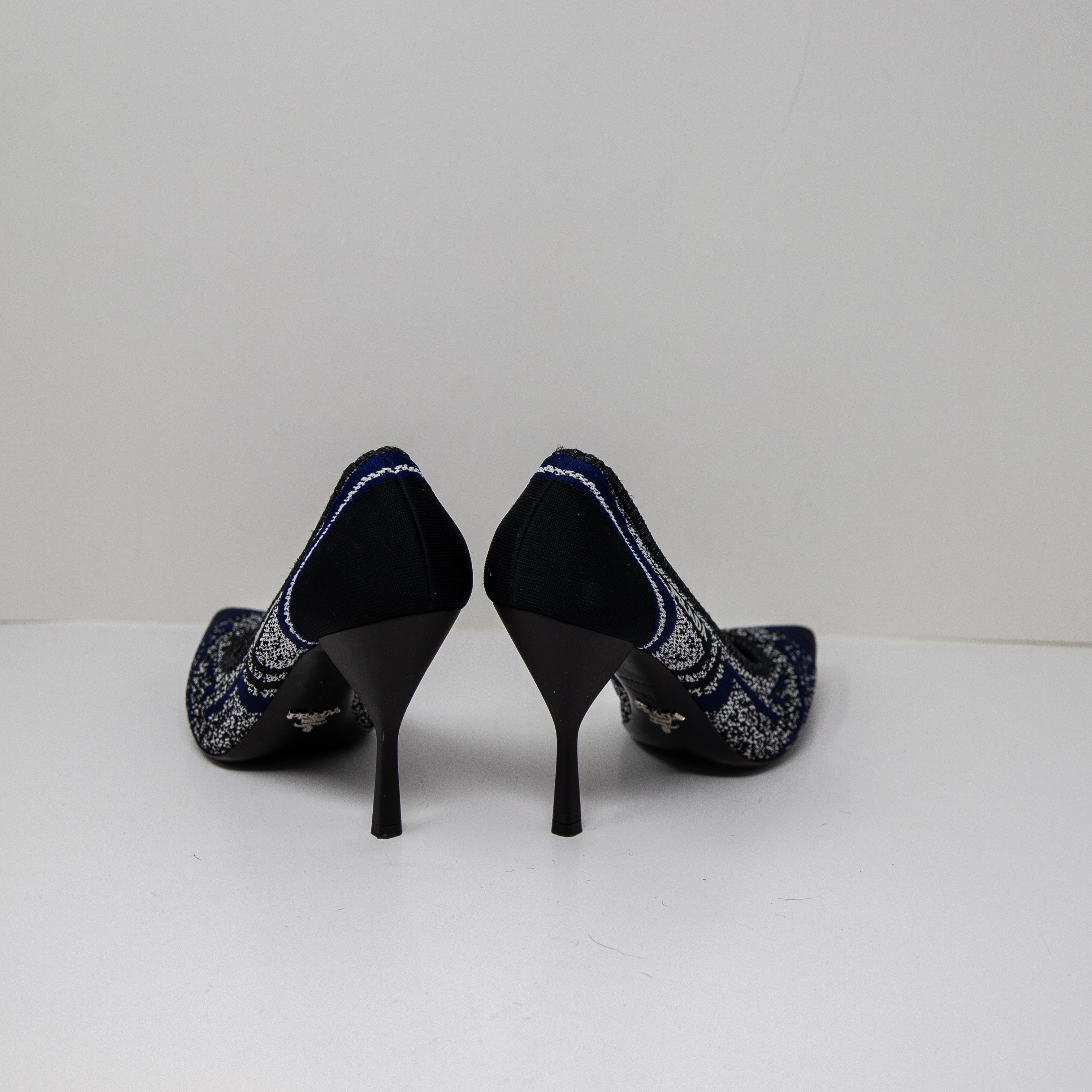 Prada Made In Italy Knit Stretch Logo Pointed Toe High Heels Pumps Shoes Blue 41
