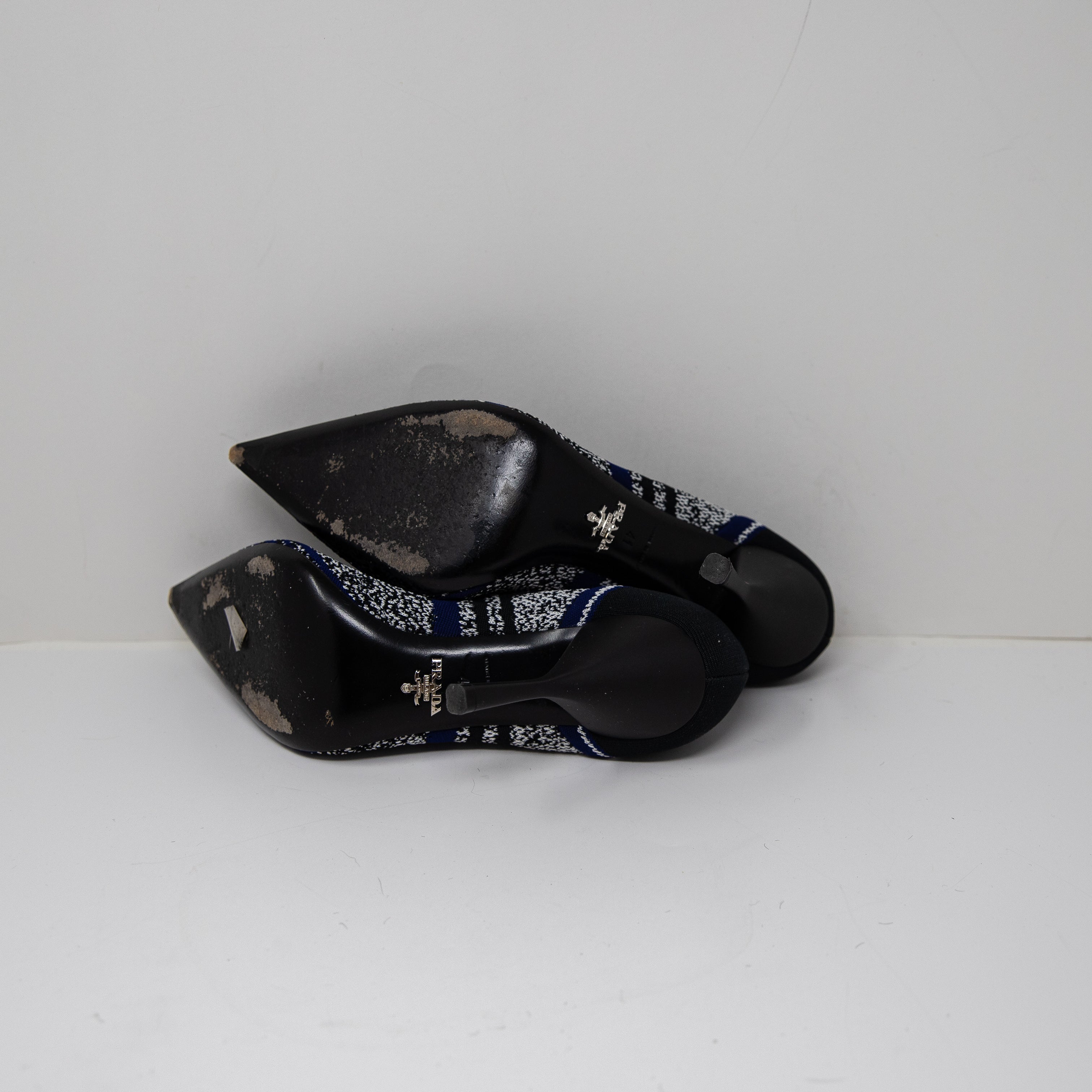 Prada Made In Italy Knit Stretch Logo Pointed Toe High Heels Pumps Shoes Blue 41