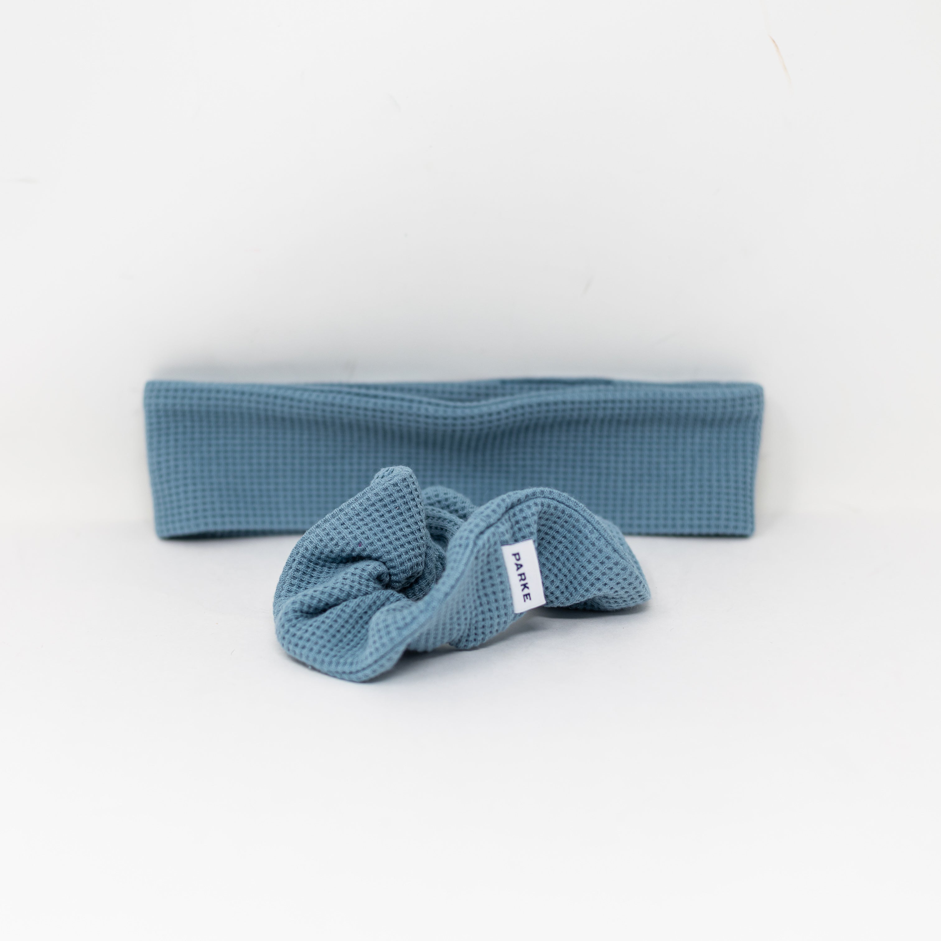 NEW Parke Waffle Weave Cotton Stretch Hair Set Headband Scrunchie Glacier Blue