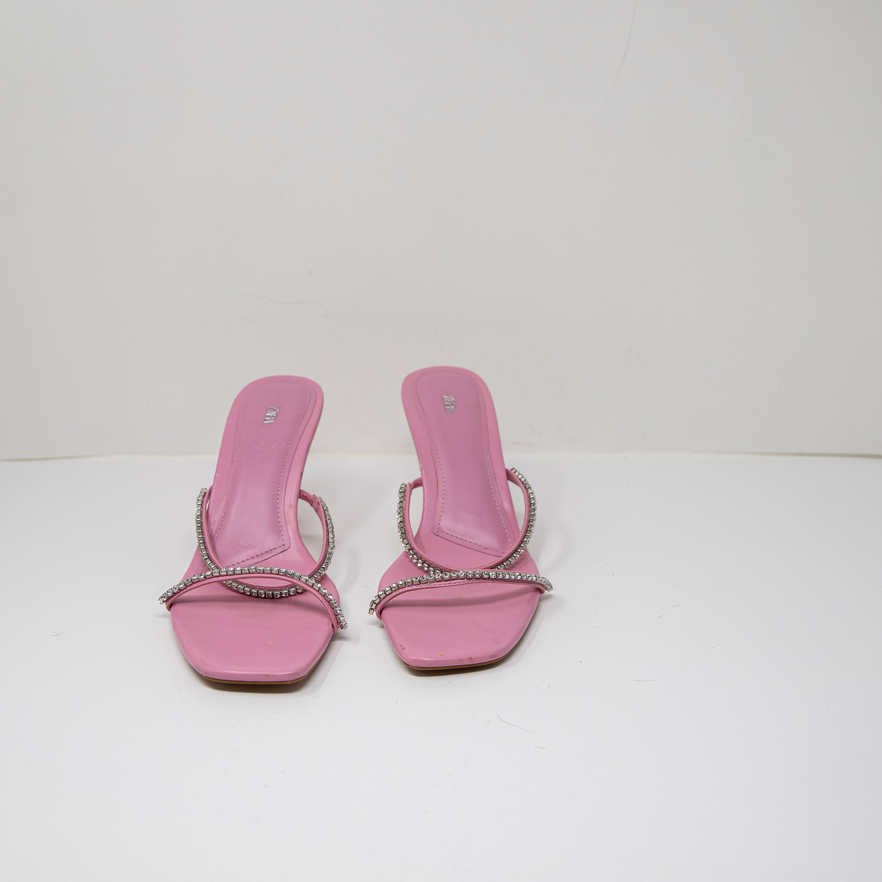 Zara Faux Vegan Leather Thin Strap Crystal Jewel Diamond Embellished Sandal Heel