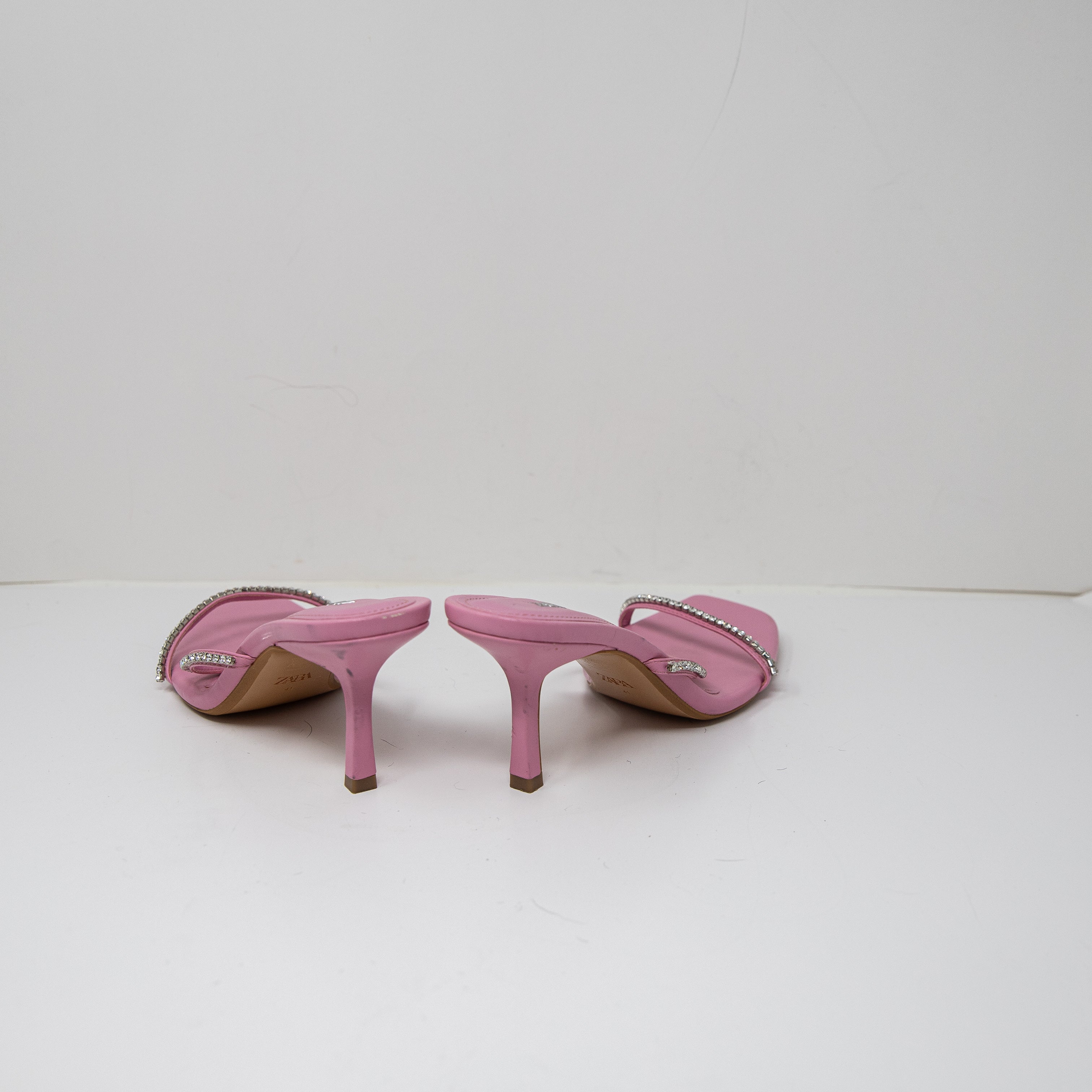 Zara Faux Vegan Leather Thin Strap Crystal Jewel Diamond Embellished Sandal Heel