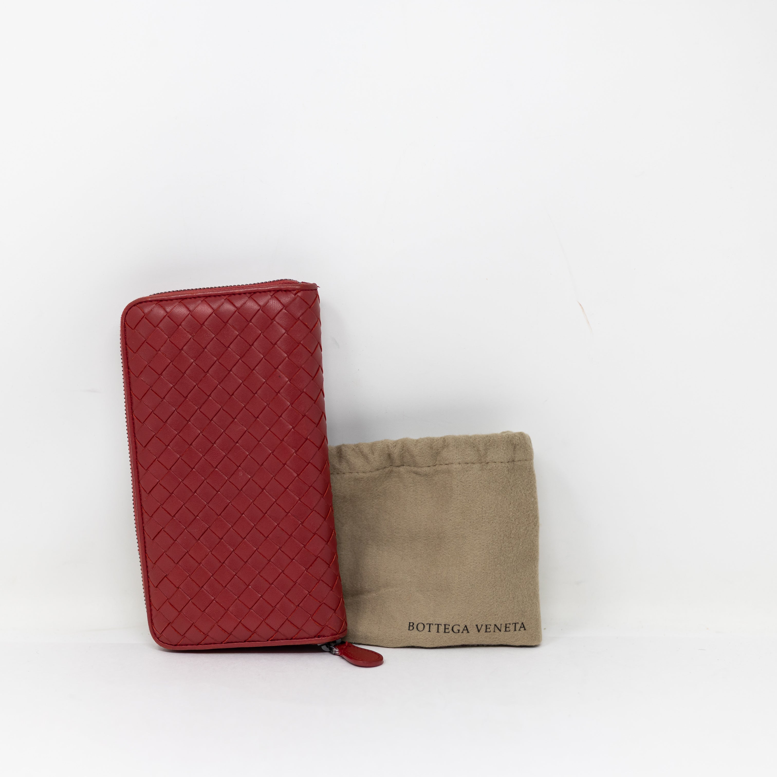 Bottega Veneta Made In Italy Genuine Leather Woven Weave Zip Around Wallet Red
