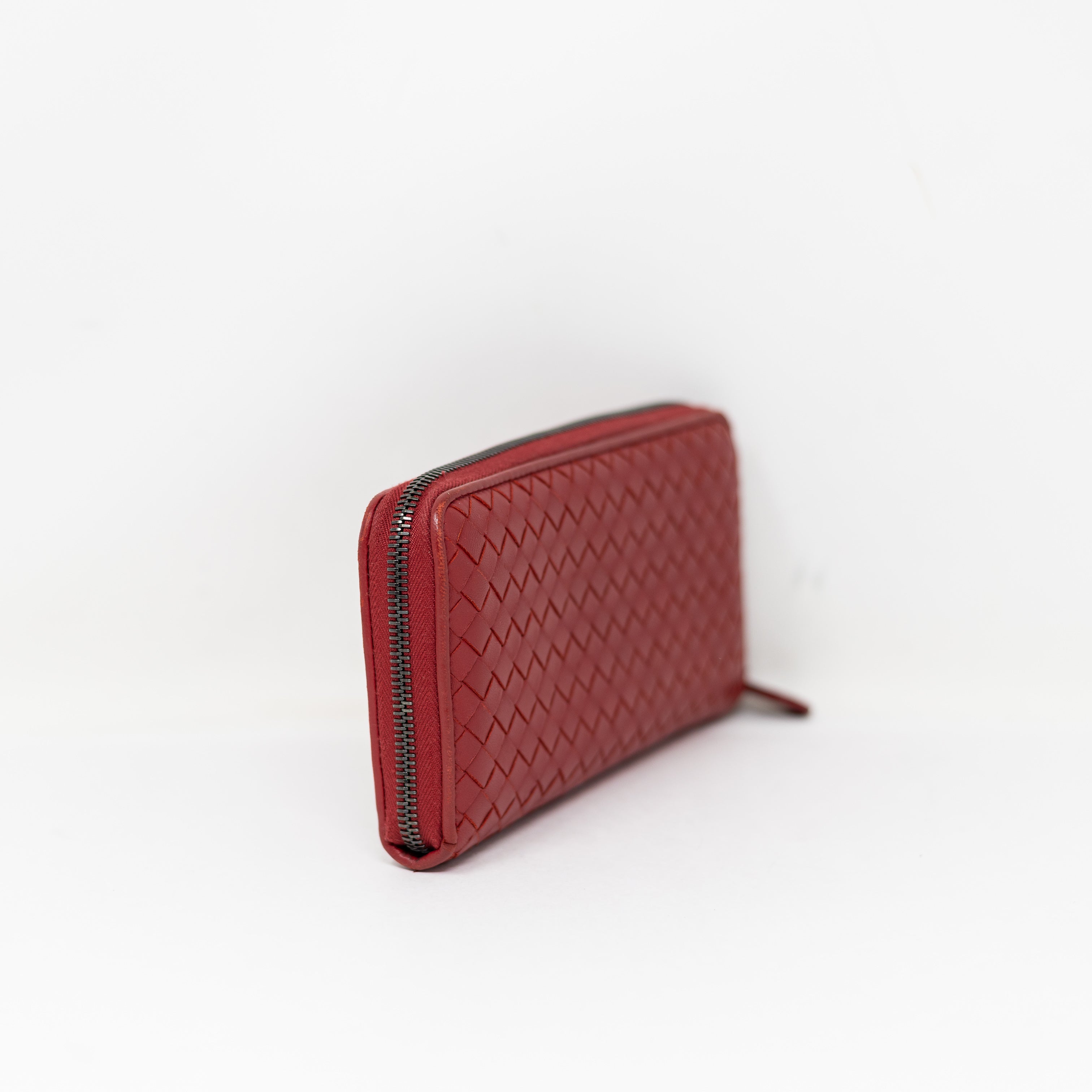 Bottega Veneta Made In Italy Genuine Leather Woven Weave Zip Around Wallet Red