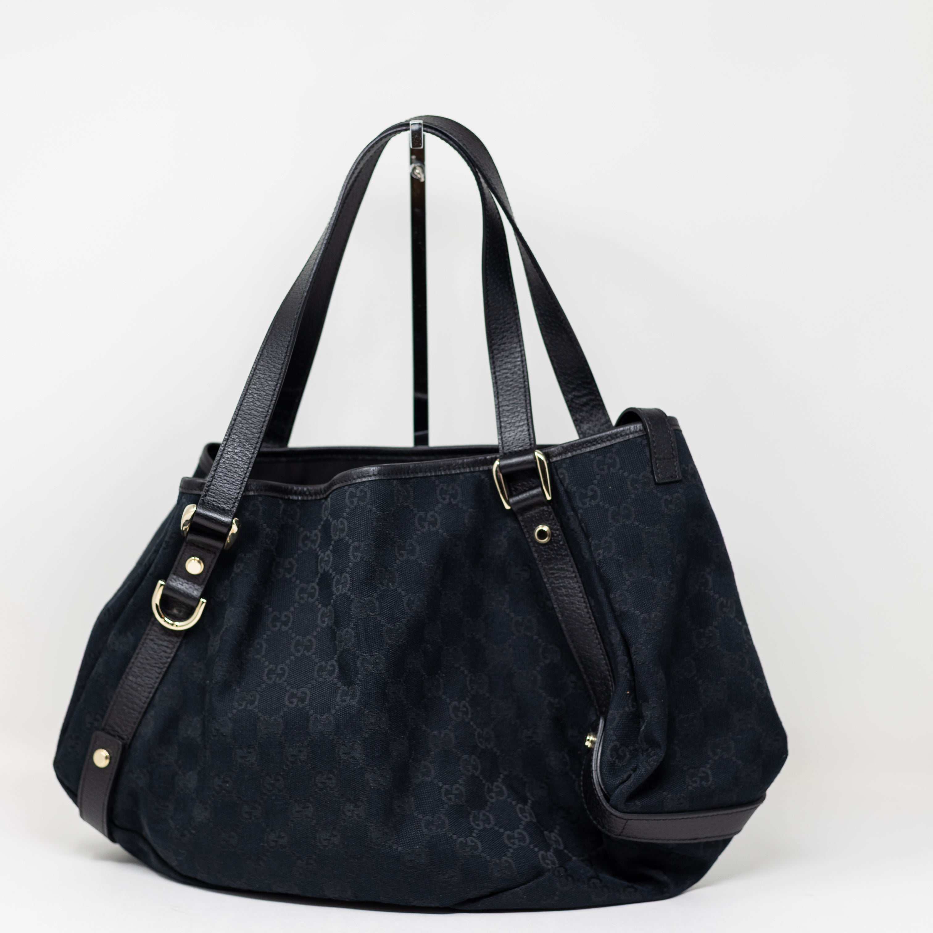 Gucci Abbey GG Logo Canvas Genuine Leather Trim Shoulder Tote Purse Bag Black