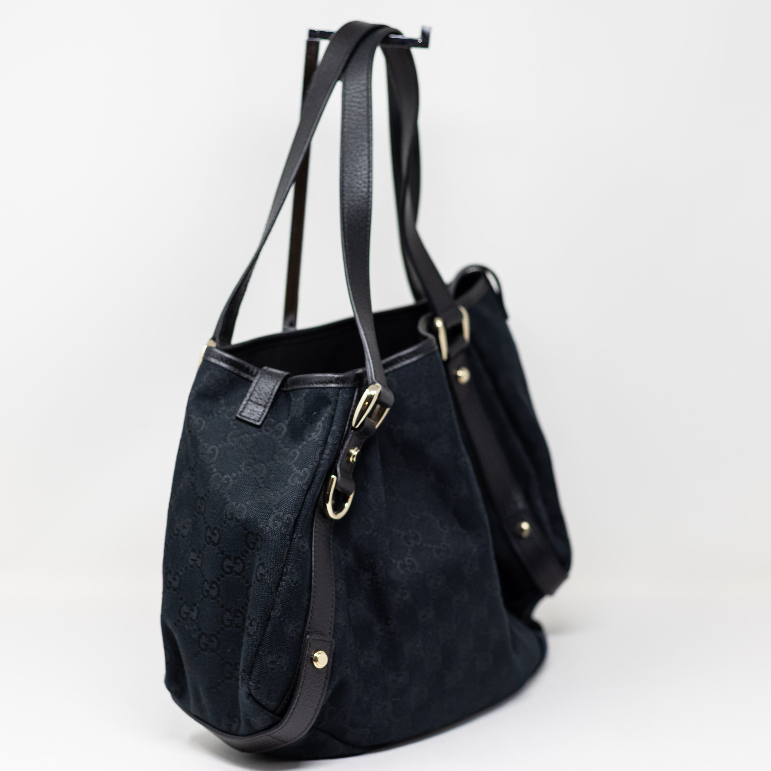 Gucci Abbey GG Logo Canvas Genuine Leather Trim Shoulder Tote Purse Bag Black