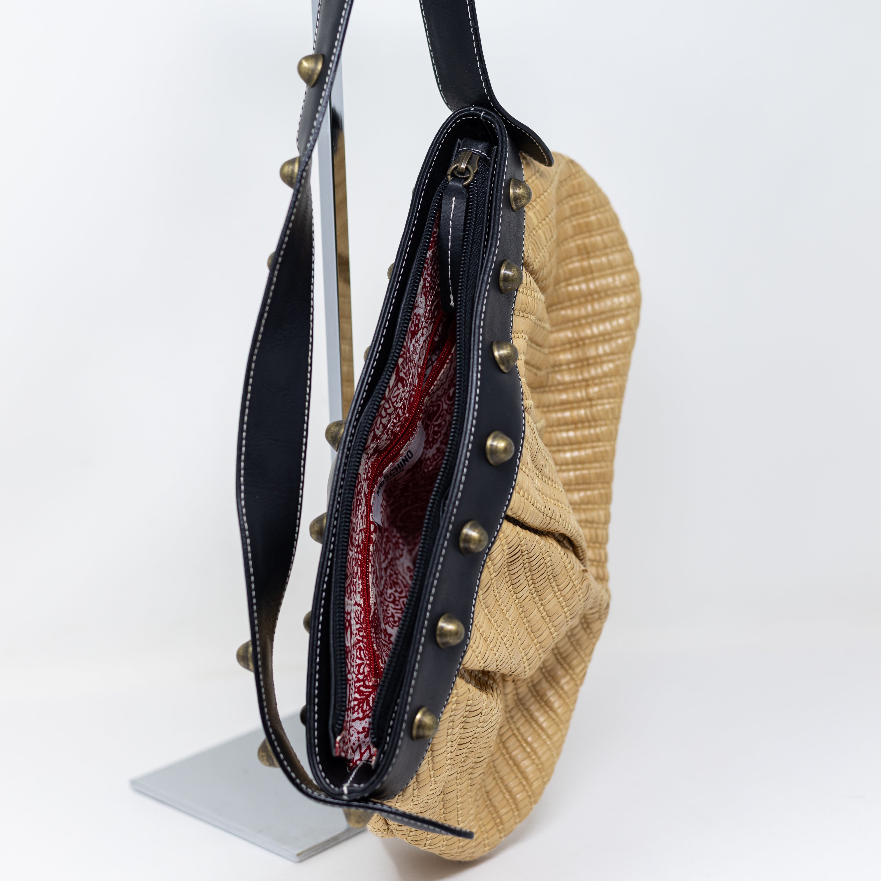 Moschino Jeans Vintage Raffia Straw Woven Leather Trim Studded Shoulder Purse