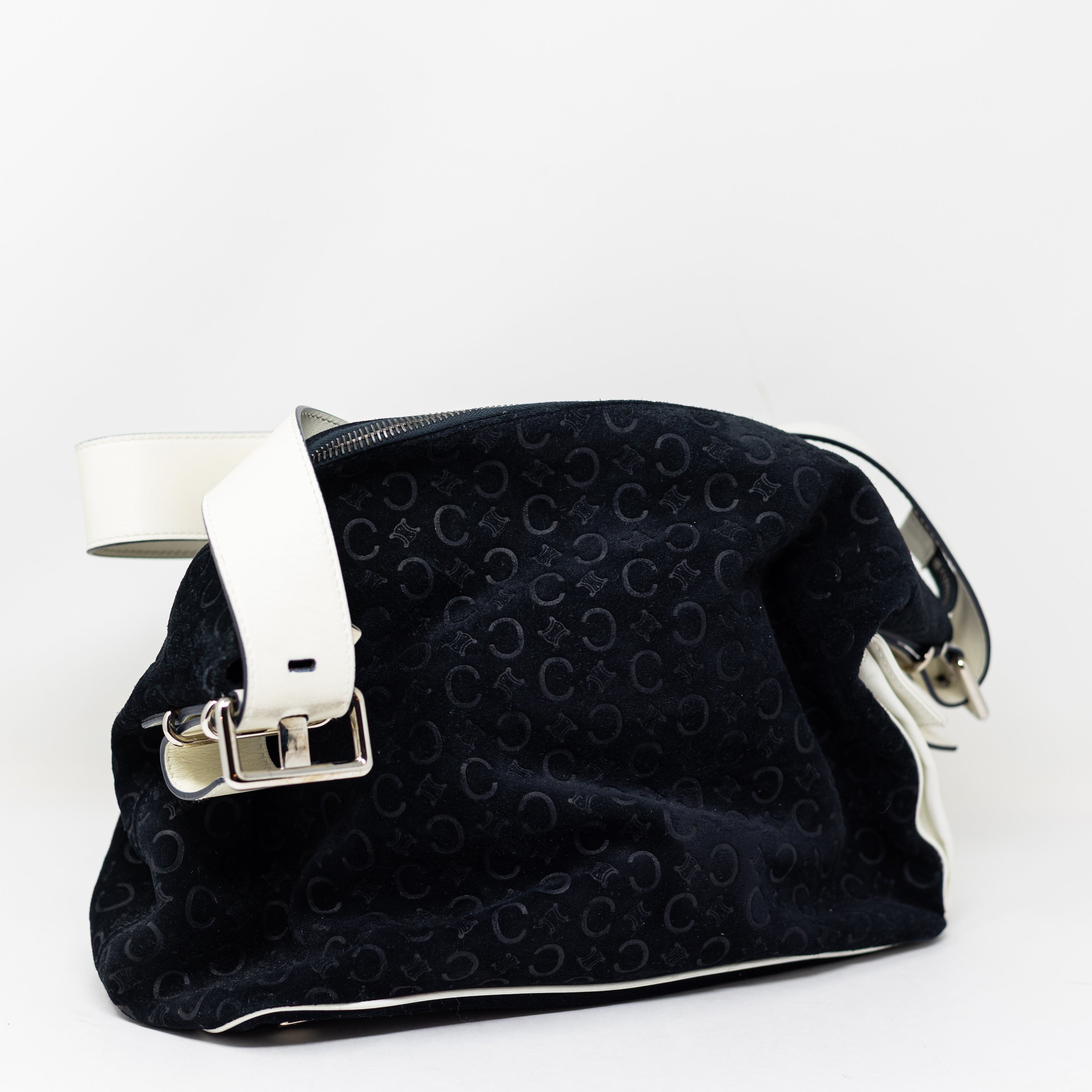 Celine Vintage Velvet Velour Logo Embossed Print Pattern Leather Shoulder Purse