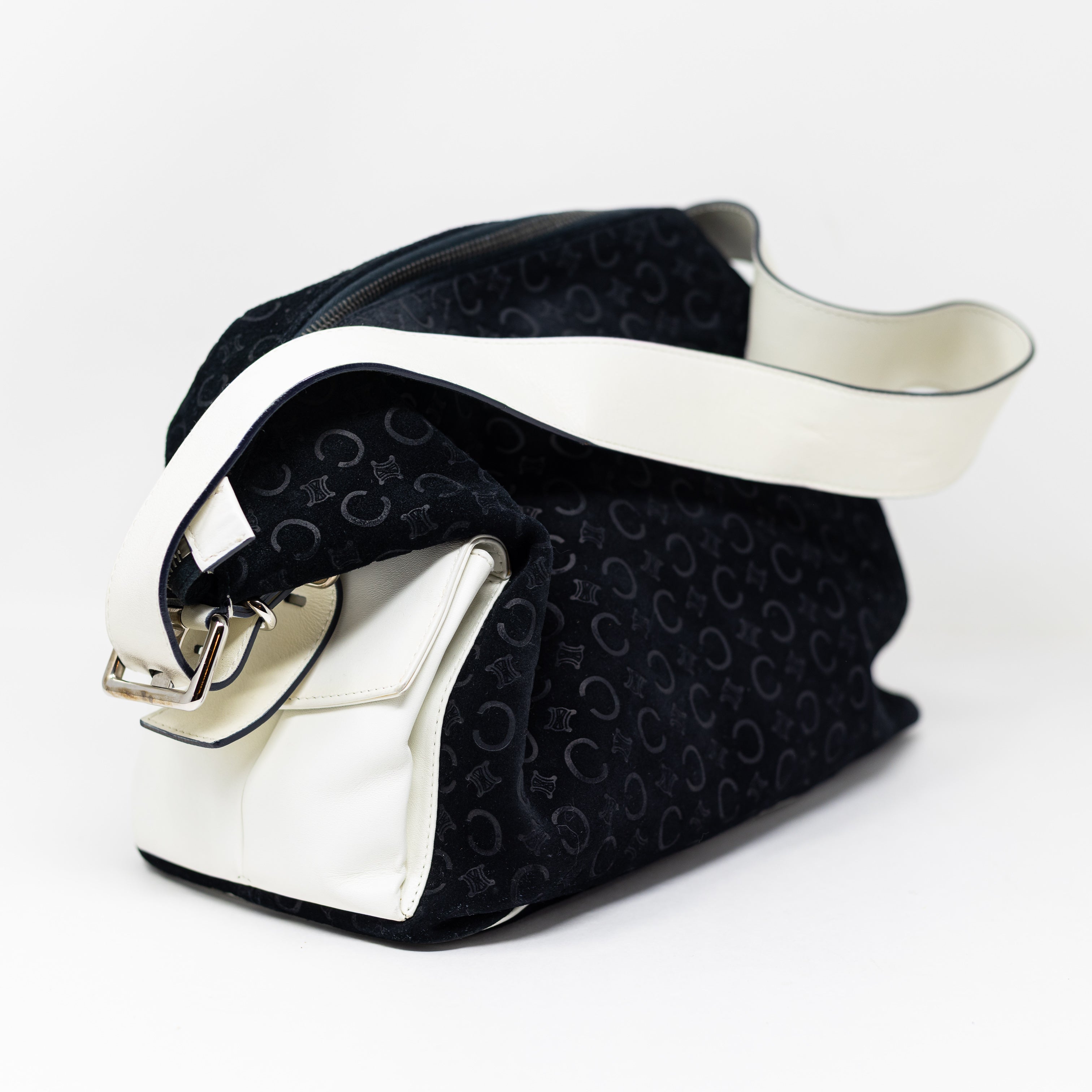 Celine Vintage Velvet Velour Logo Embossed Print Pattern Leather Shoulder Purse