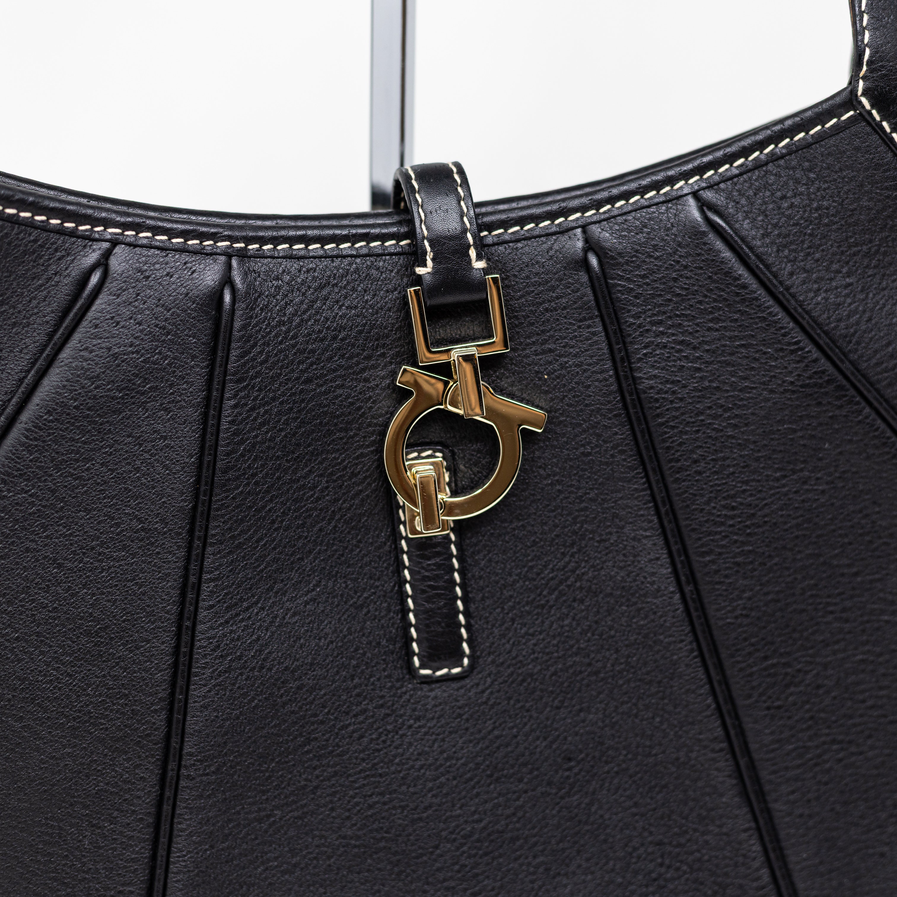Salvatore Ferragamo Calfskin Genuine Leather Gancini Lock Hobo Shoulder Purse