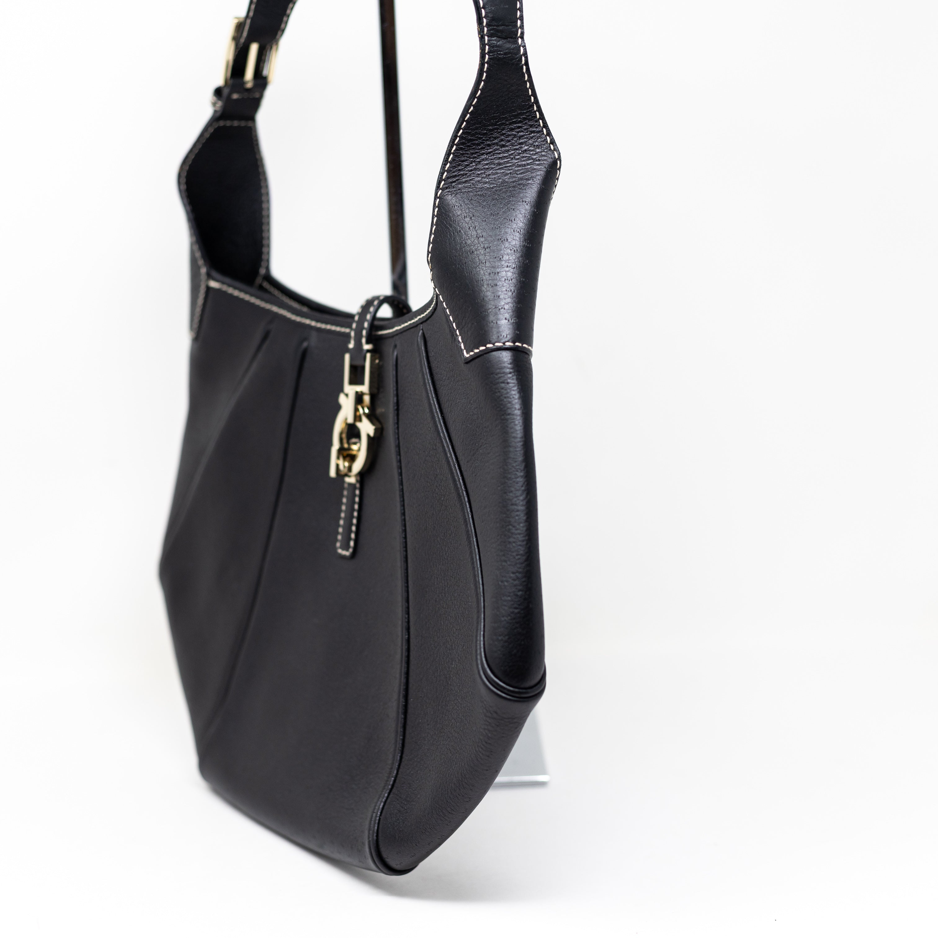 Salvatore Ferragamo Calfskin Genuine Leather Gancini Lock Hobo Shoulder Purse