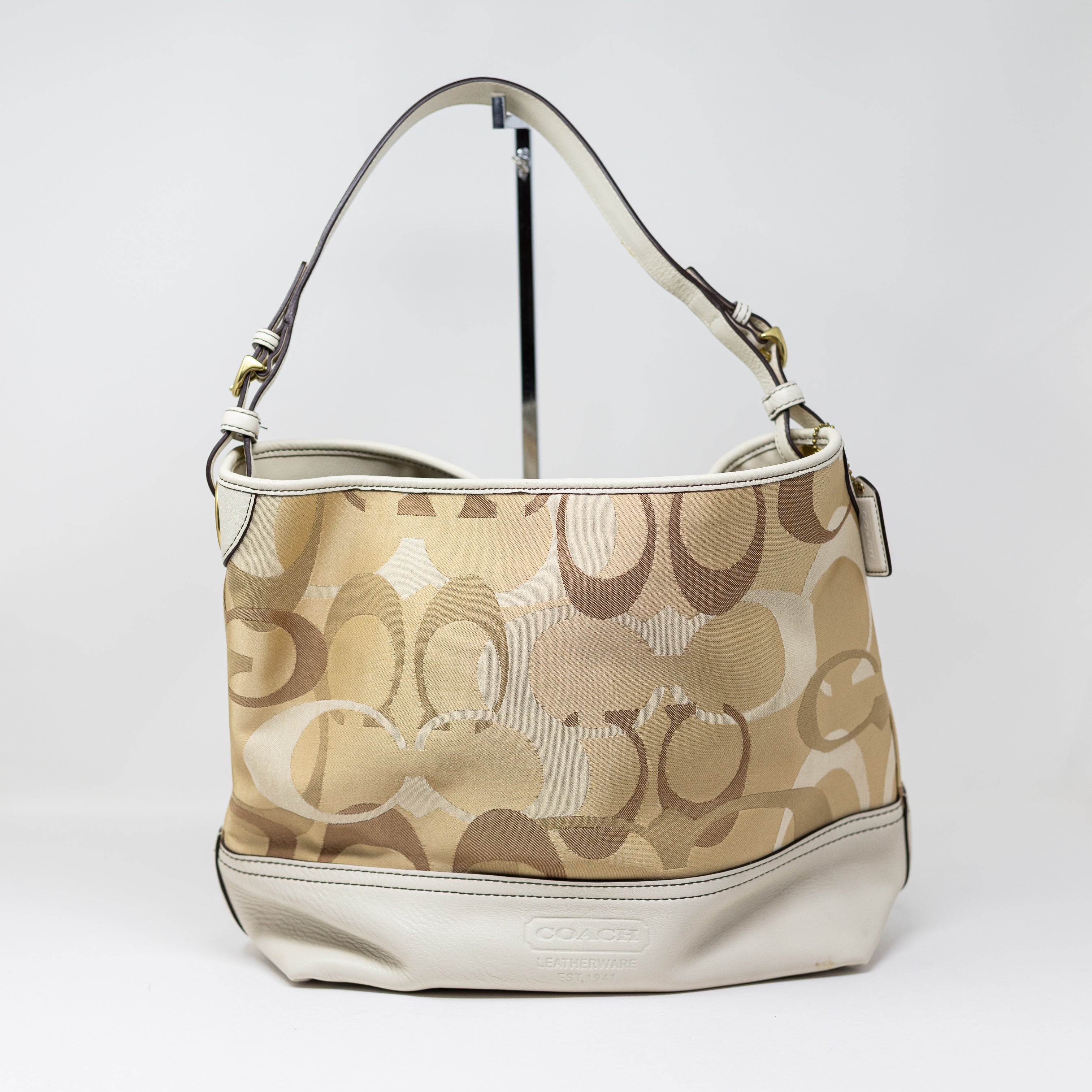 Coach Canvas Genuine Leather Trim Opctic Logo Print Pattern Shoulder Purse Bag