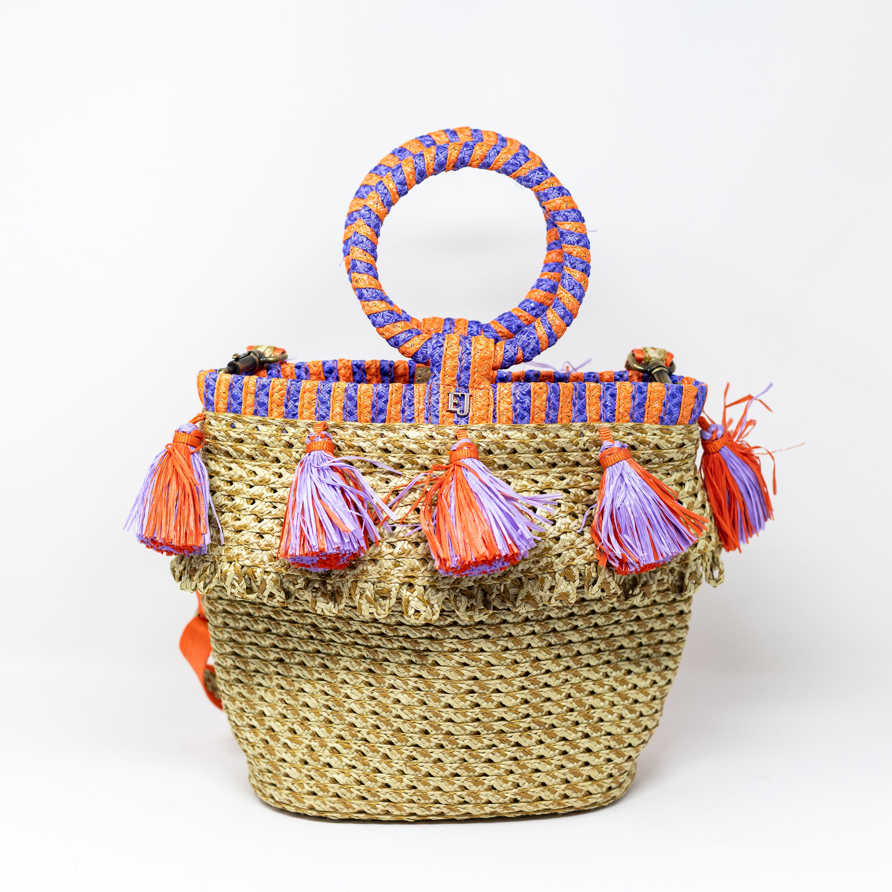 Eric Javits Raffia Straw Woven Braided Tassel Fringe Bucket Bag Purse Tote