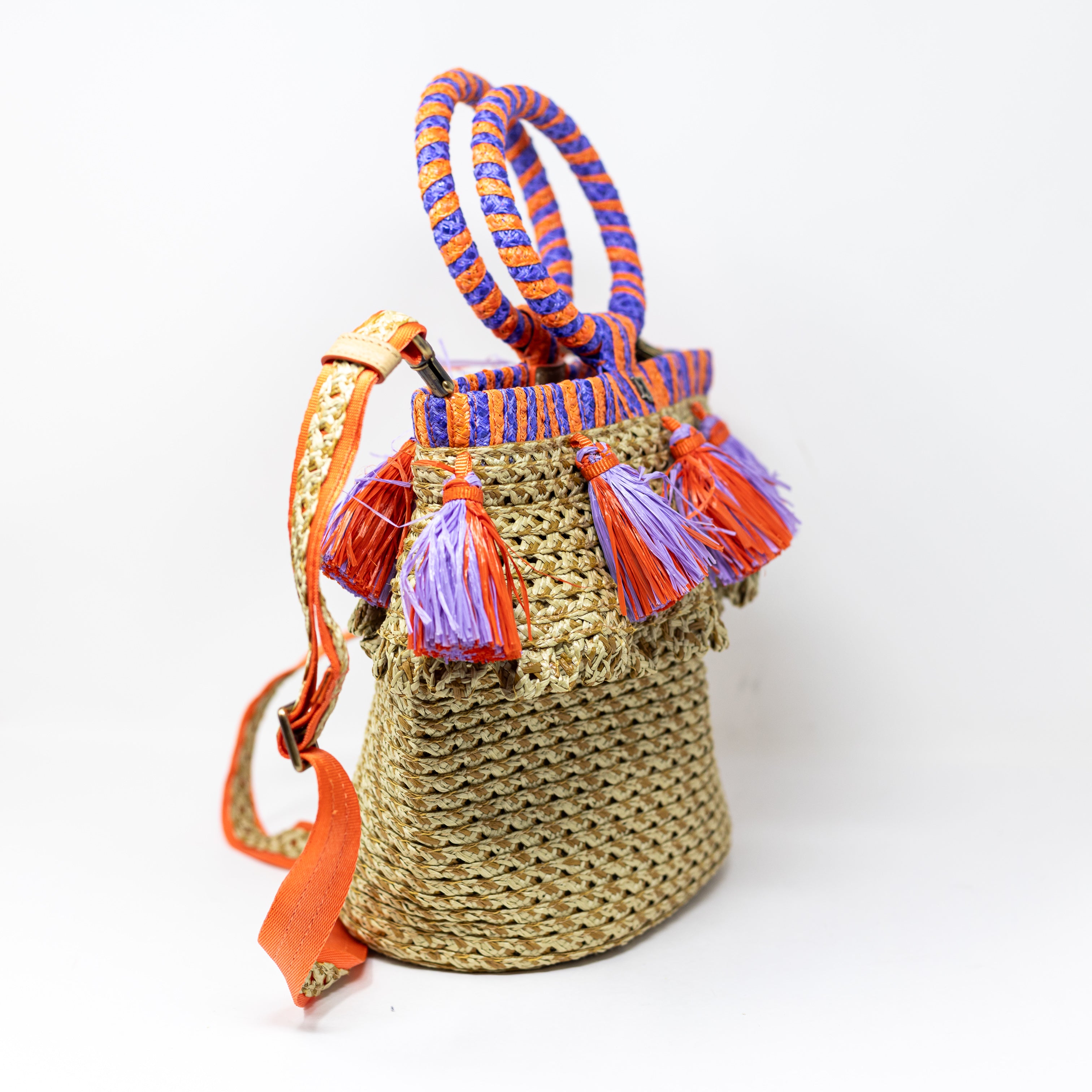 Eric Javits Raffia Straw Woven Braided Tassel Fringe Bucket Bag Purse Tote