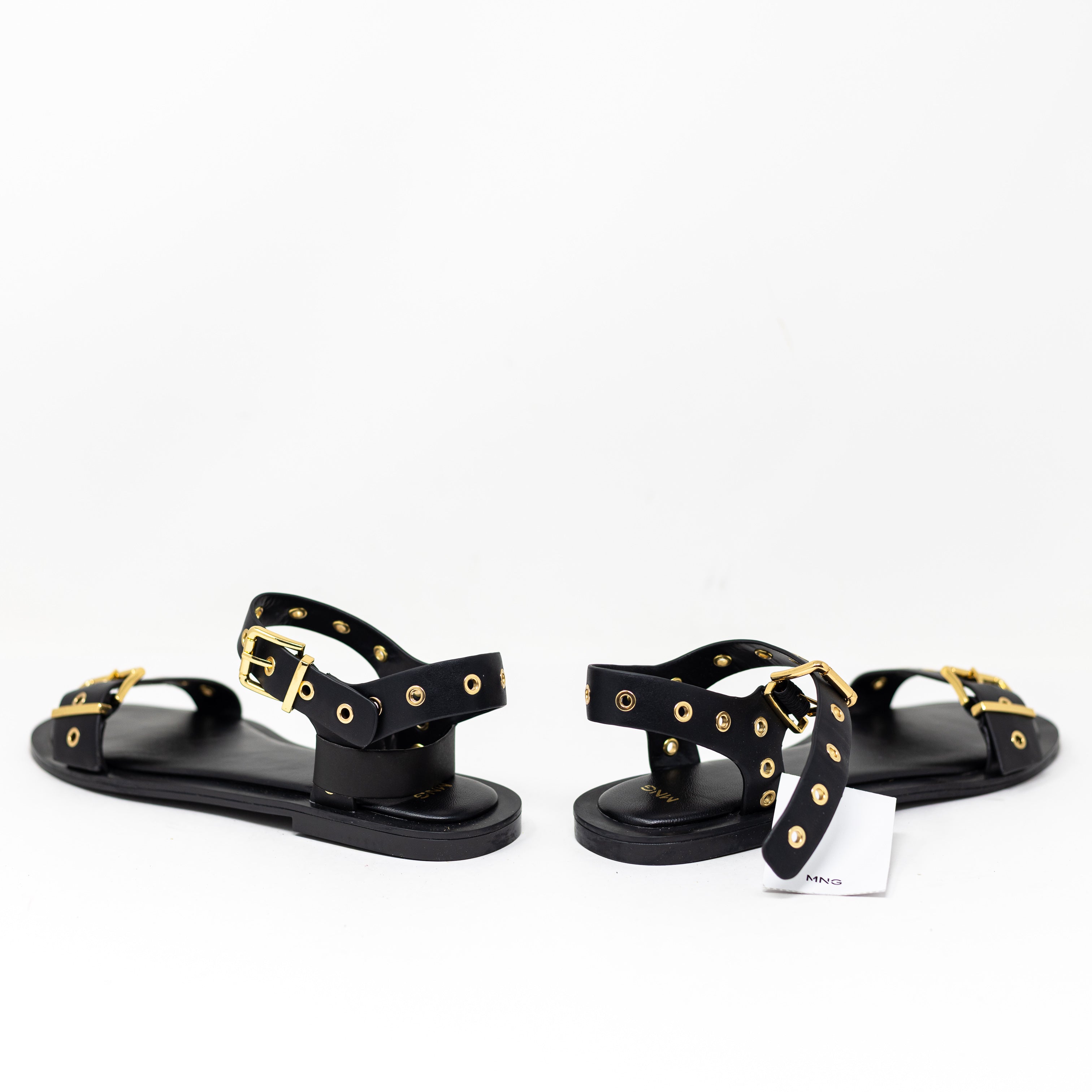 NEW MNG Claudio Faux Vegan Leather Grommet Strap Open Toe Sandals Shoes Black 10