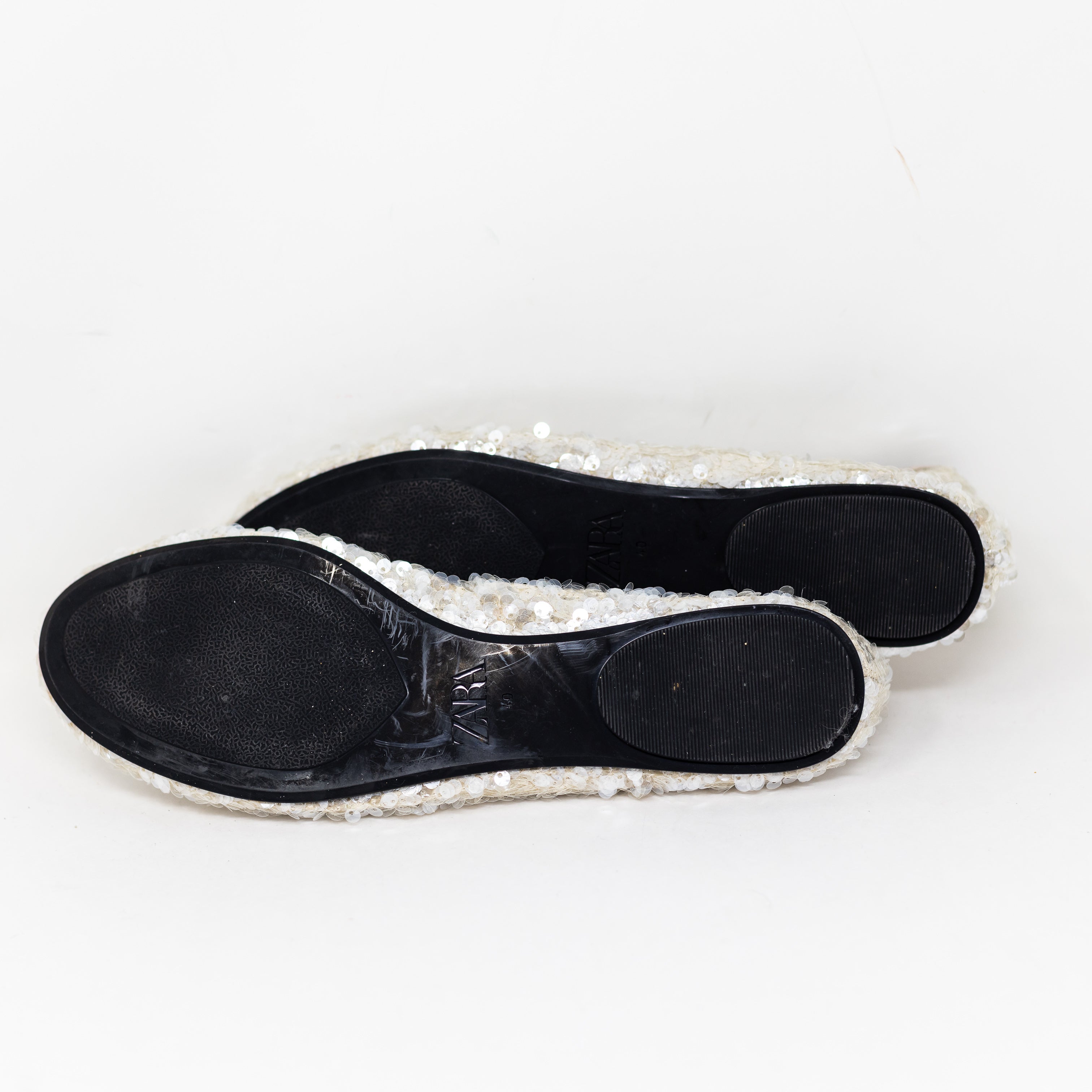 Zara White Iridescent Sequin Sparkle Emebllished Slip On Ballet Flats Shoes 10