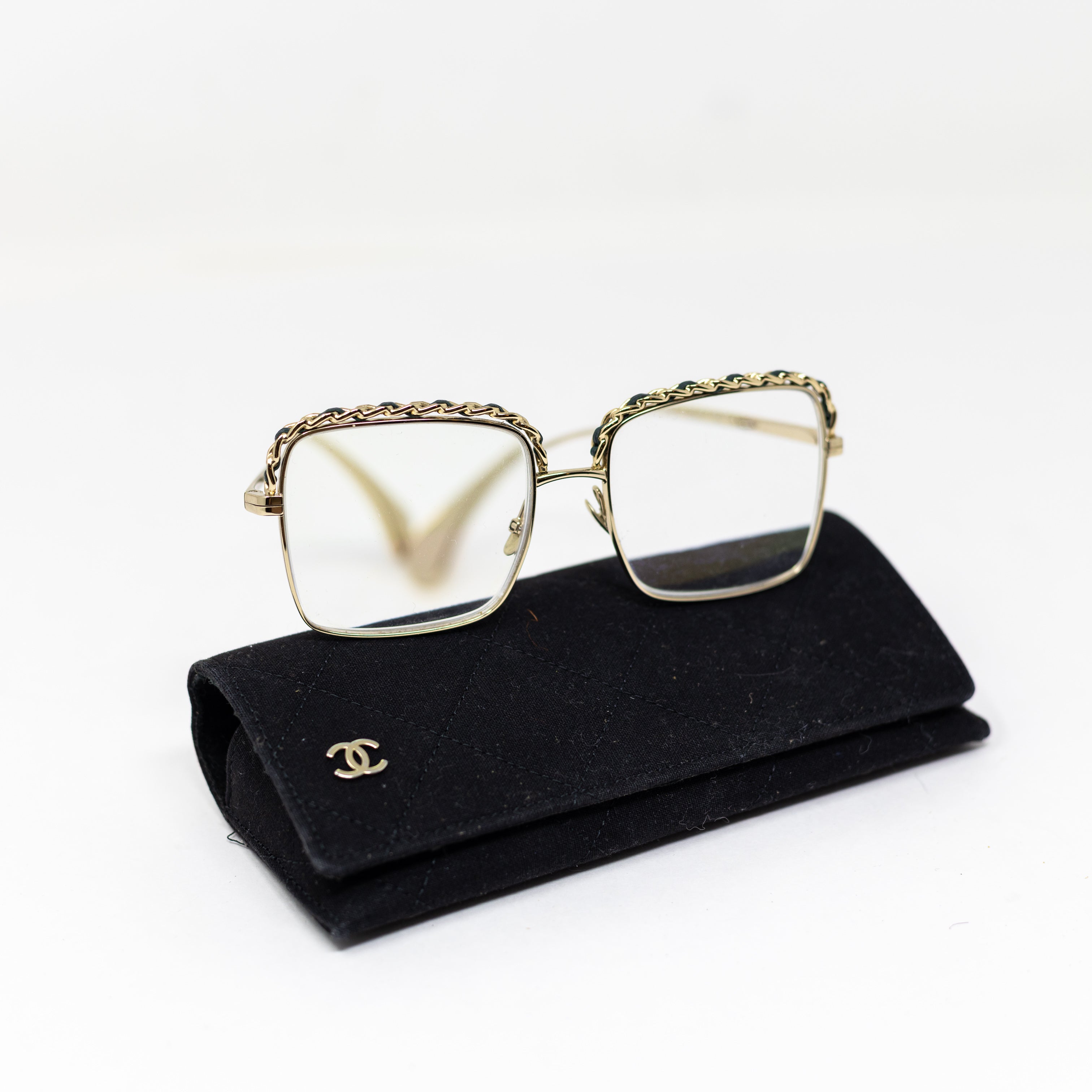 Chanel 2206-Q Genuine Leather Trim Chain Link Oversized Square Frame Glasses