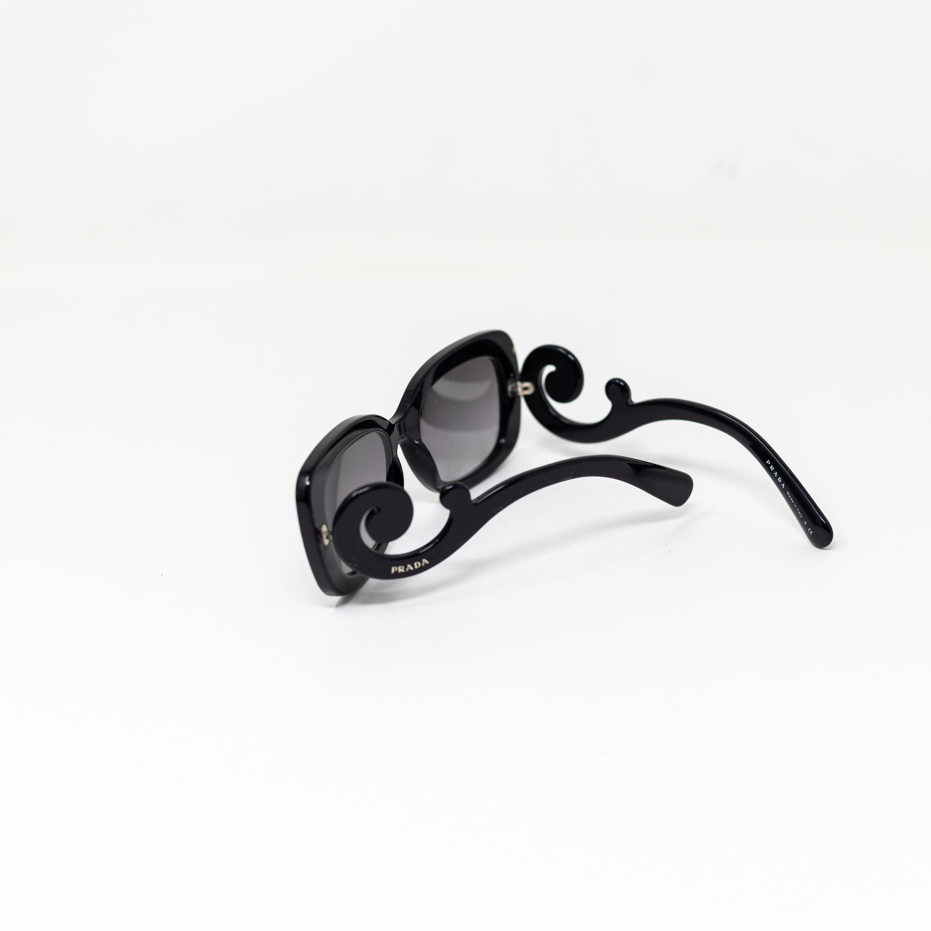 Prada SPR270 Baroque Swirl Rectangle Oversize Frame Black Gray Lenses Sunglasses