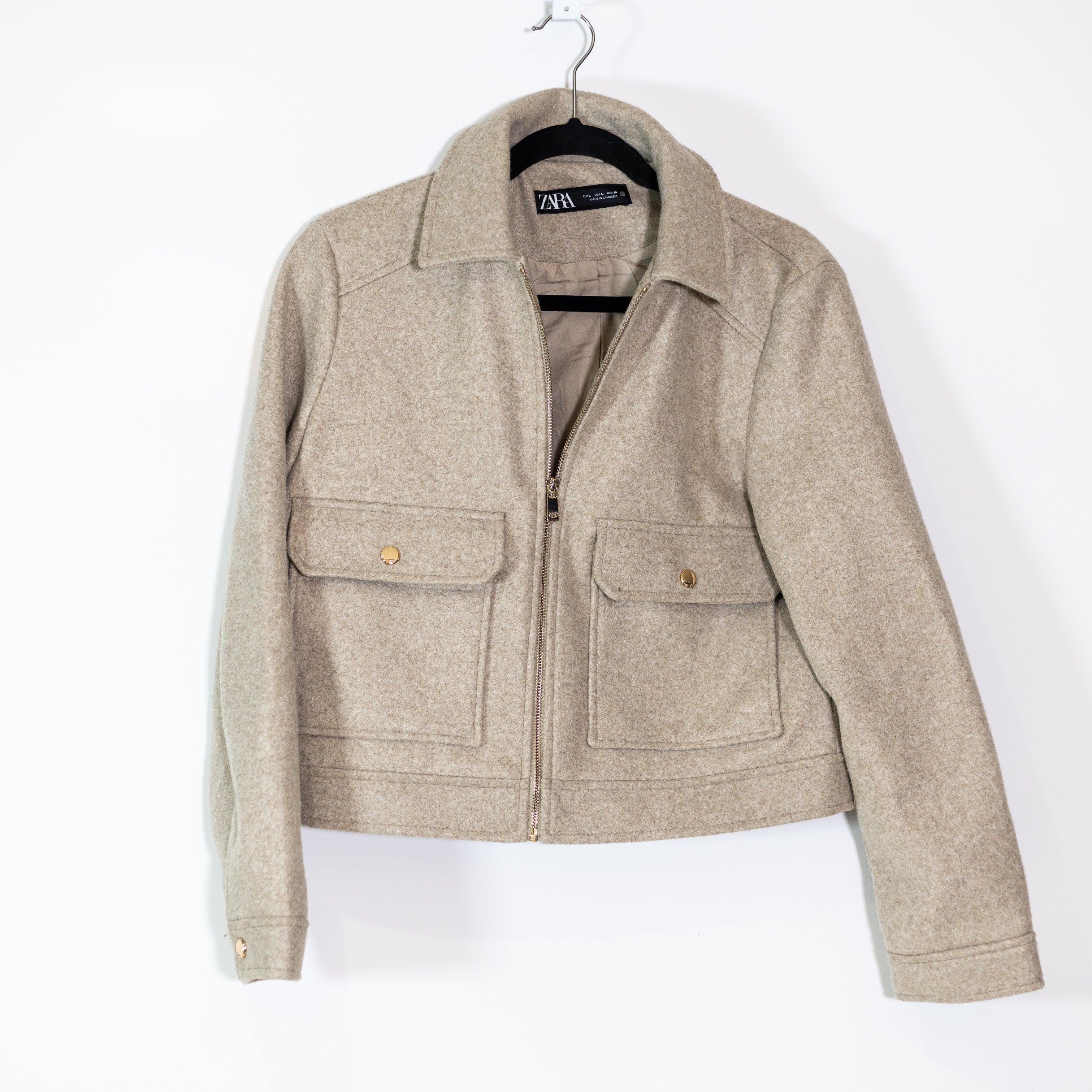 Zara Felt Fuzzy Full Zip Collared Pocket Jacket Coat Beige Gray Large
