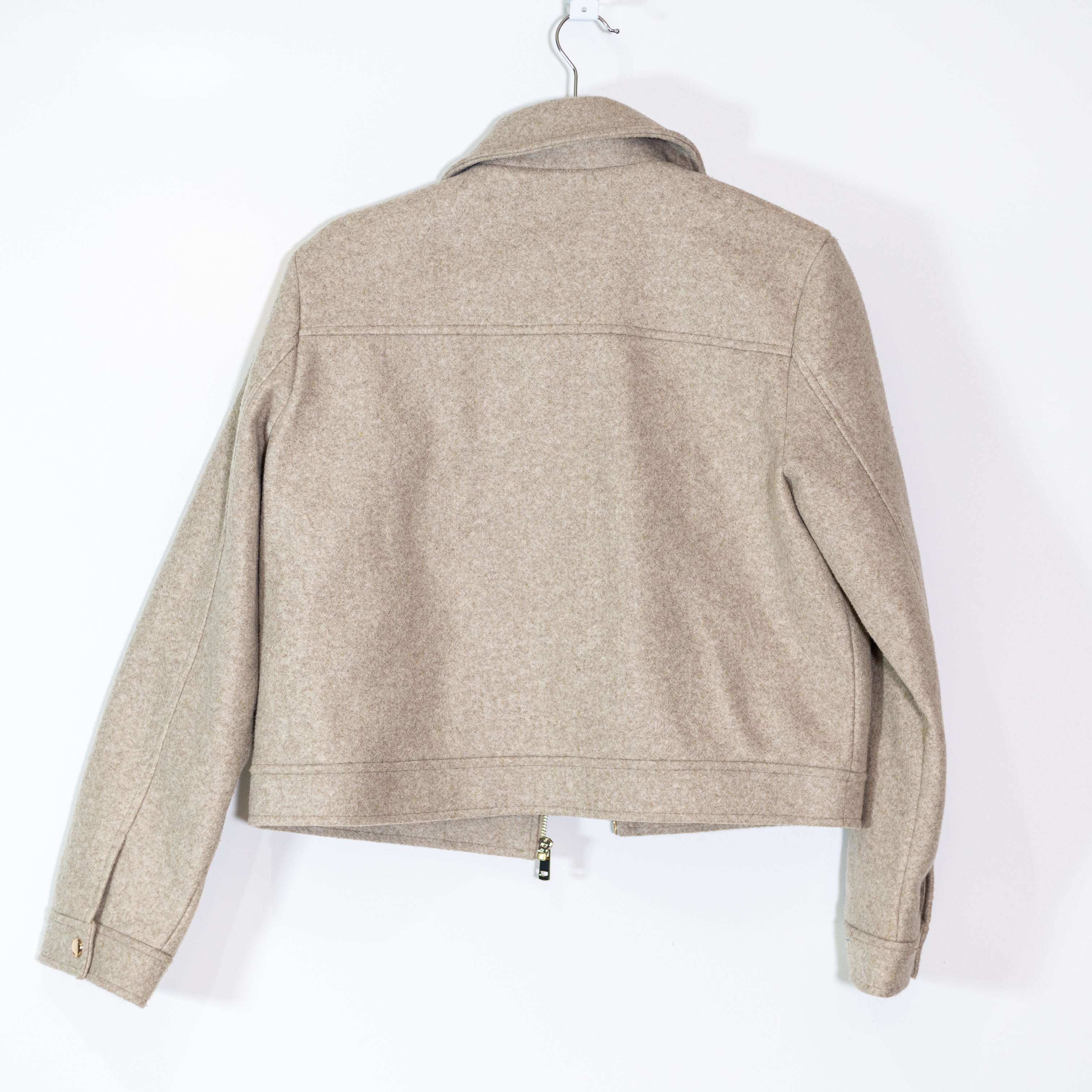 Zara Felt Fuzzy Full Zip Collared Pocket Jacket Coat Beige Gray Large