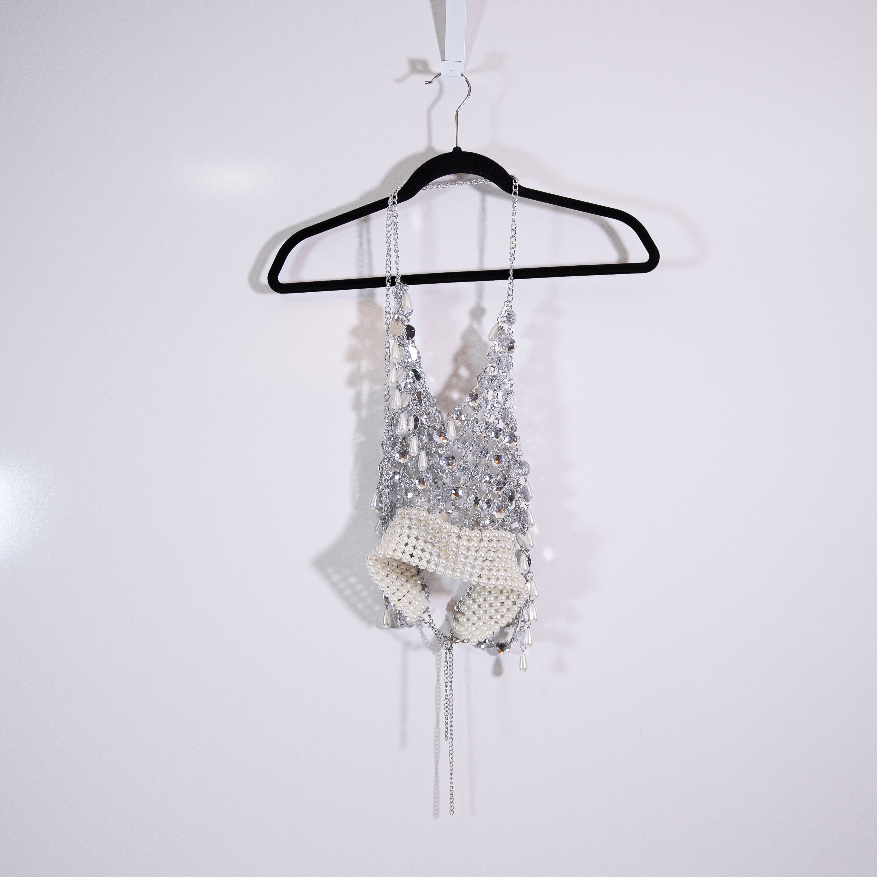 Boutique Crystal Jewel Diamond Faux Pearl Beaded Halter Neck Festival Crop Top