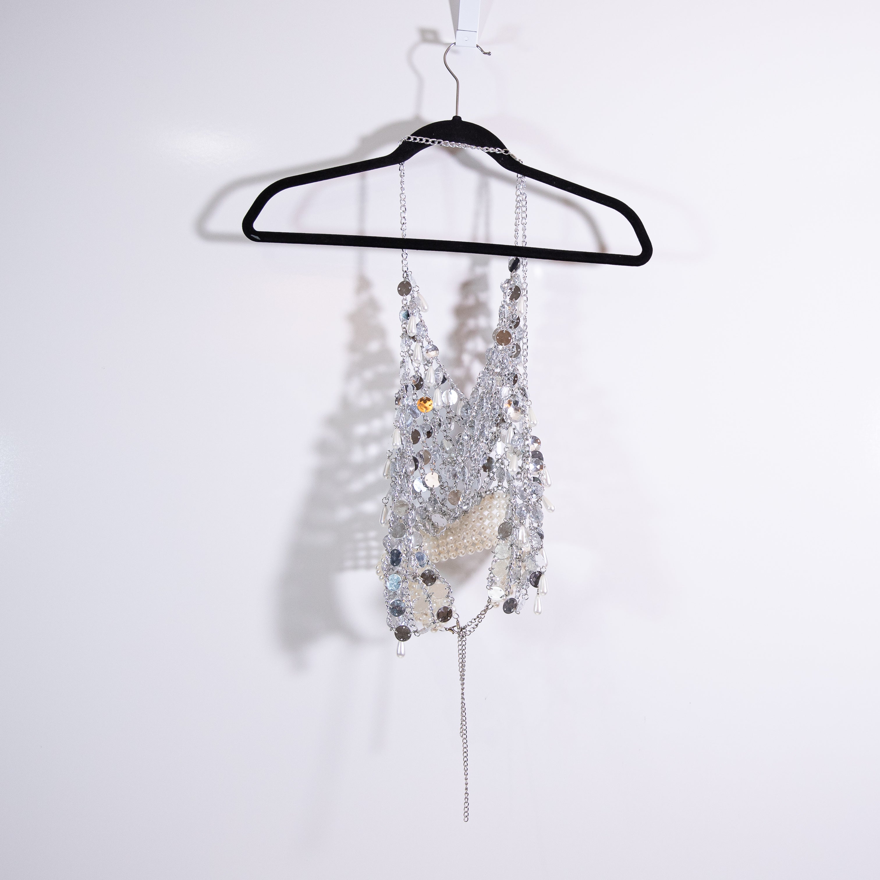 Boutique Crystal Jewel Diamond Faux Pearl Beaded Halter Neck Festival Crop Top