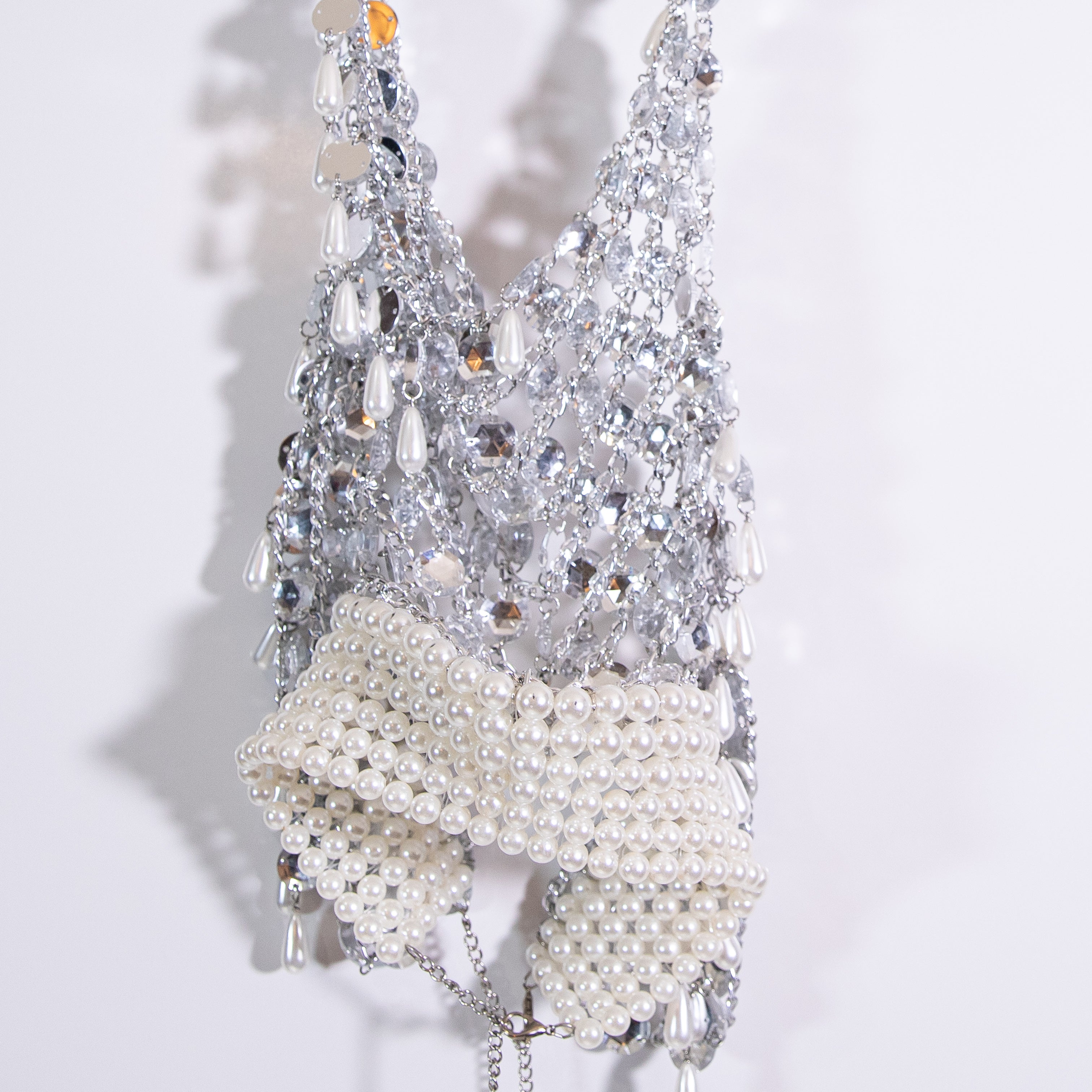 Boutique Crystal Jewel Diamond Faux Pearl Beaded Halter Neck Festival Crop Top