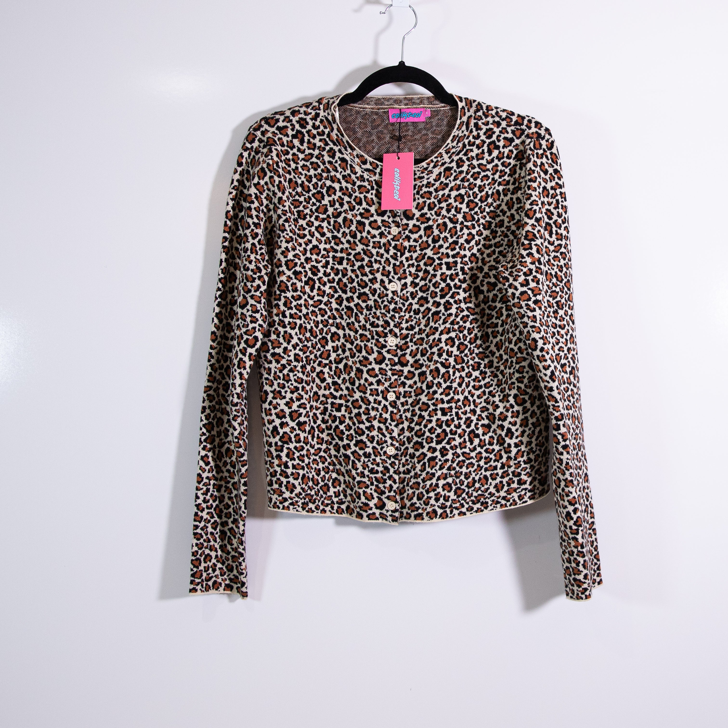 NEW Edikted Leopard Cheetah Animal Print Pattern Knit Stretch Sweater Cardigan M