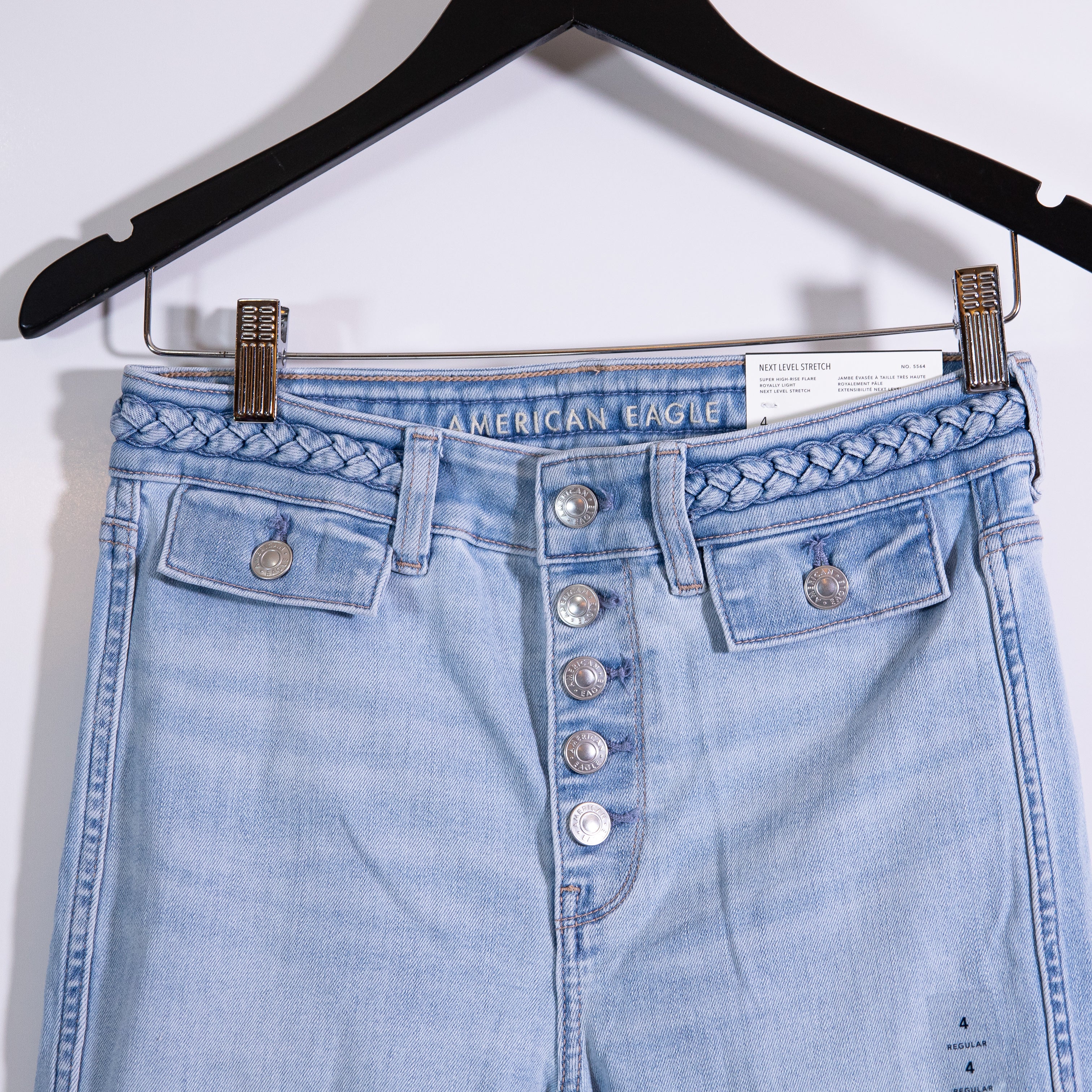 NEW American Eagle Next Level Stretch Super High Rise Flare Royally Light Jeans