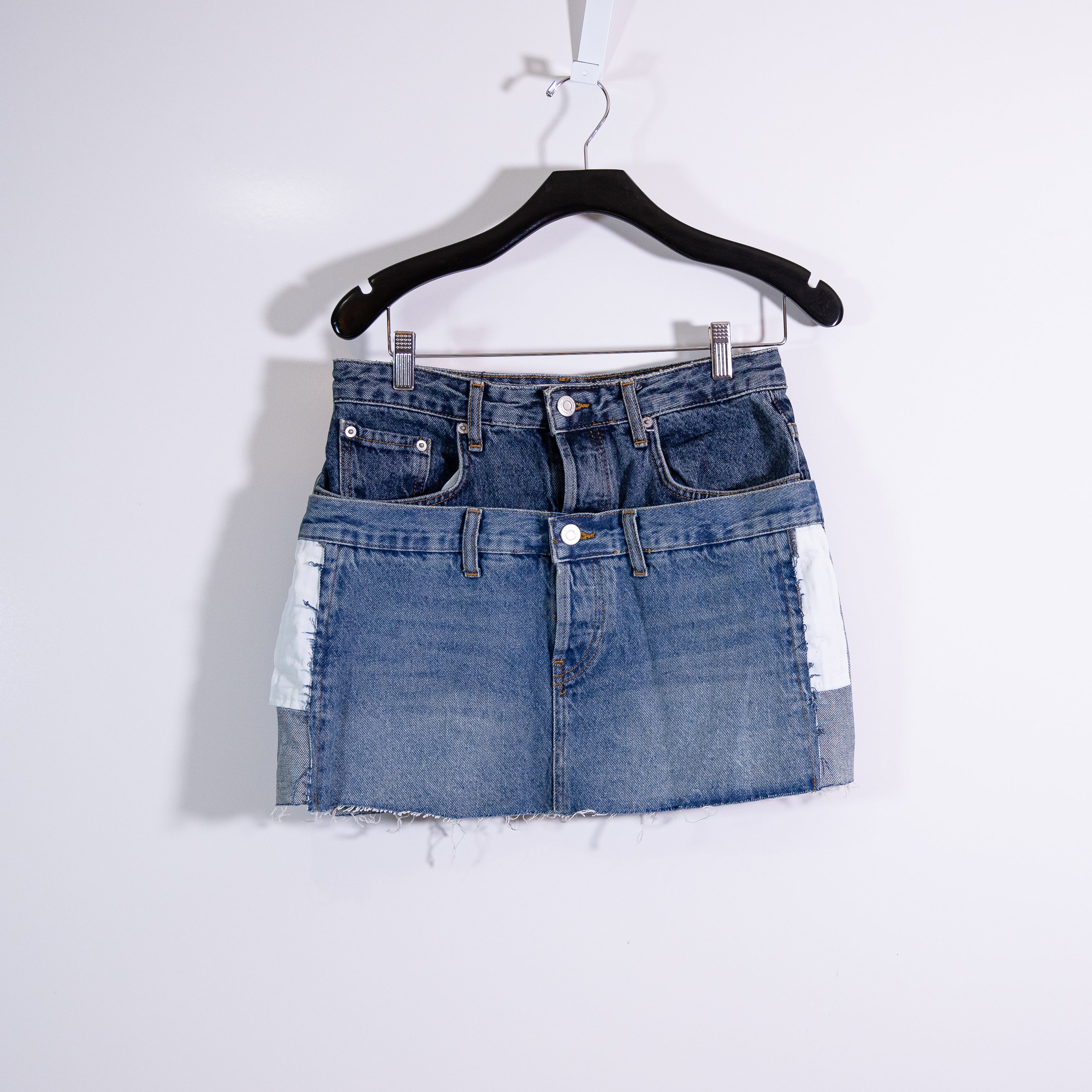 Zara Cotton Patchwork Double Overlay High Rise Mini Denim Jean Skirt Blue Medium