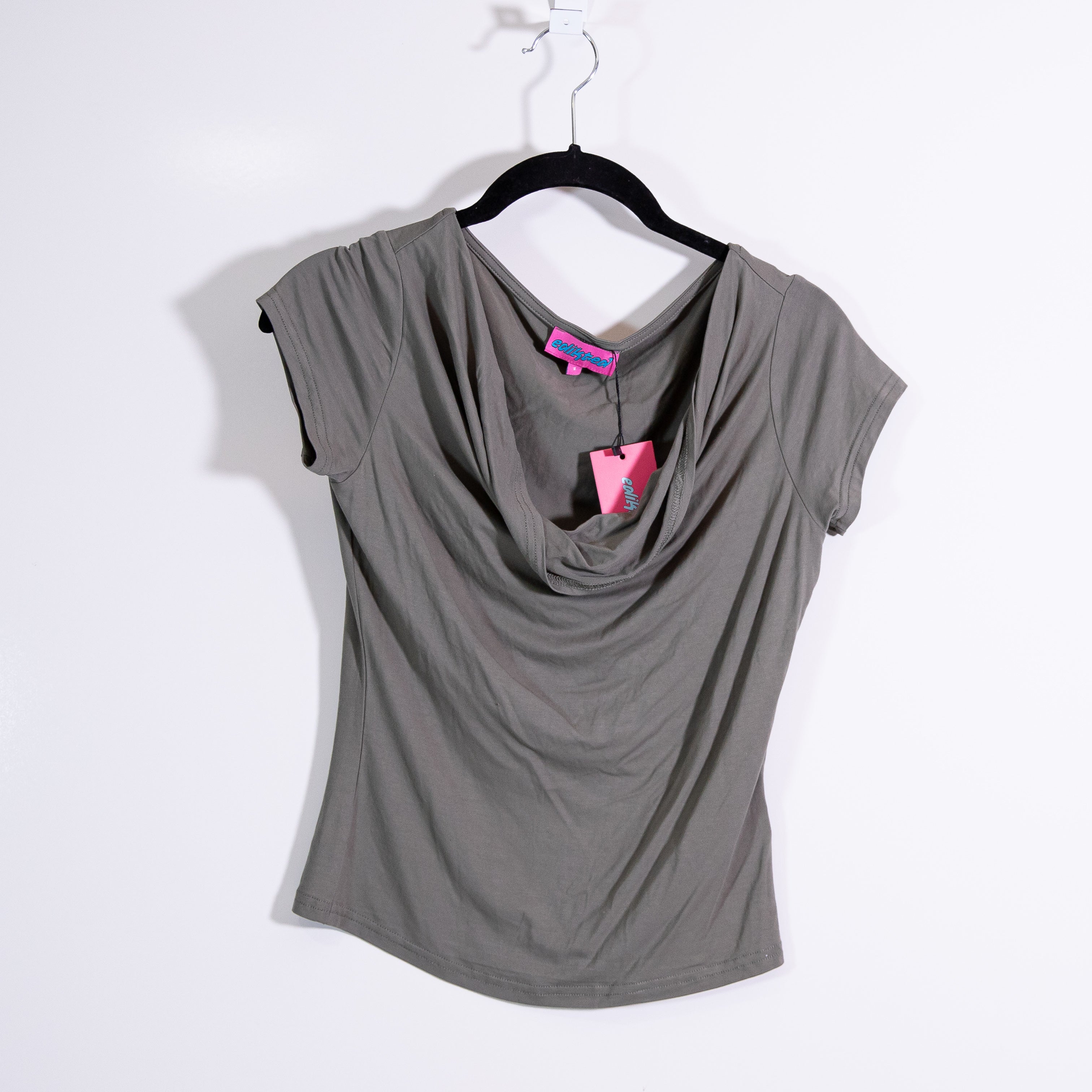 NEW Edikted Cowl Neck Draped Stretch Knit Short Sleeve Tee Shirt Gray Small