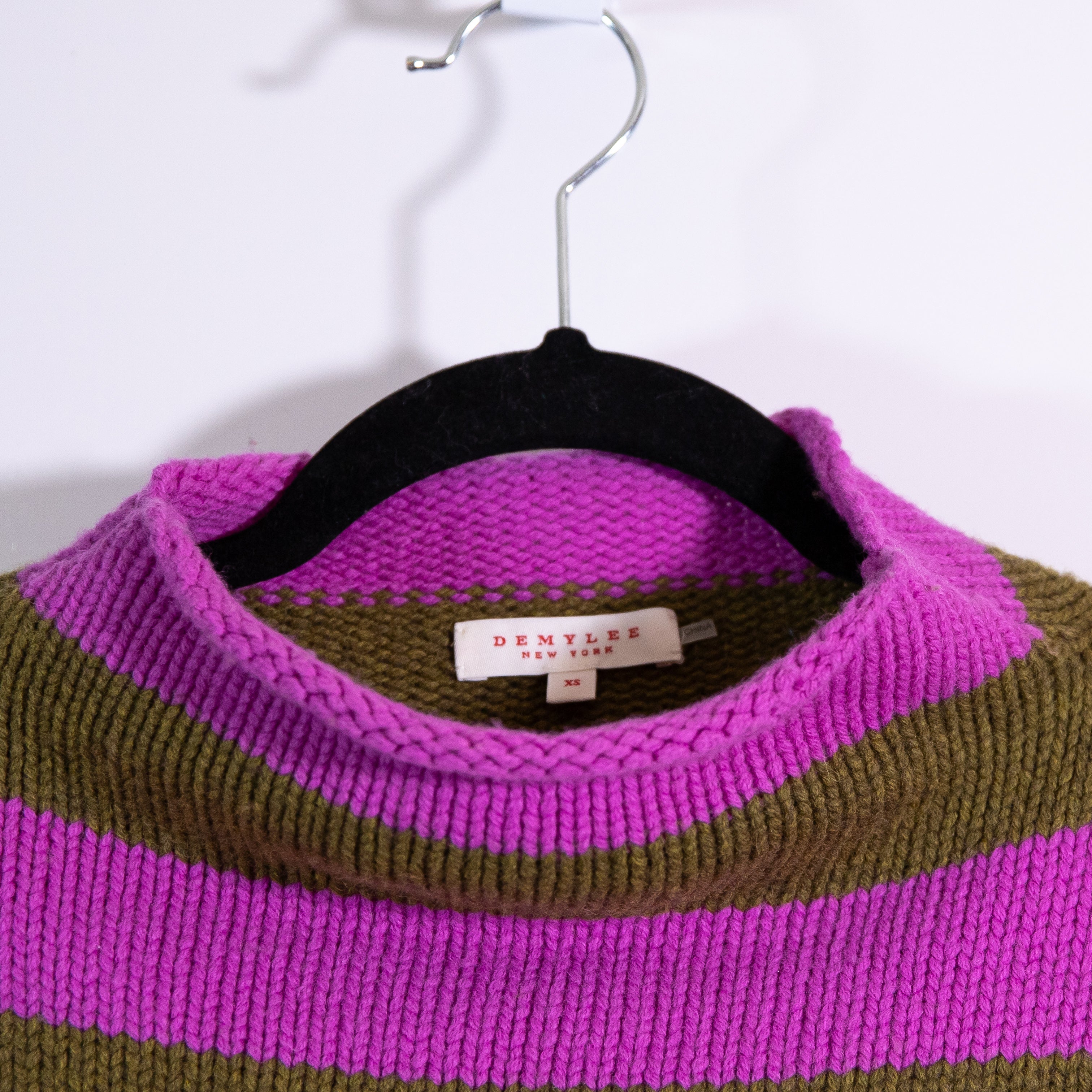 Demylee Wool Knit Stretch Mock Neck Pullover Purple Green Stripe Sweater XS