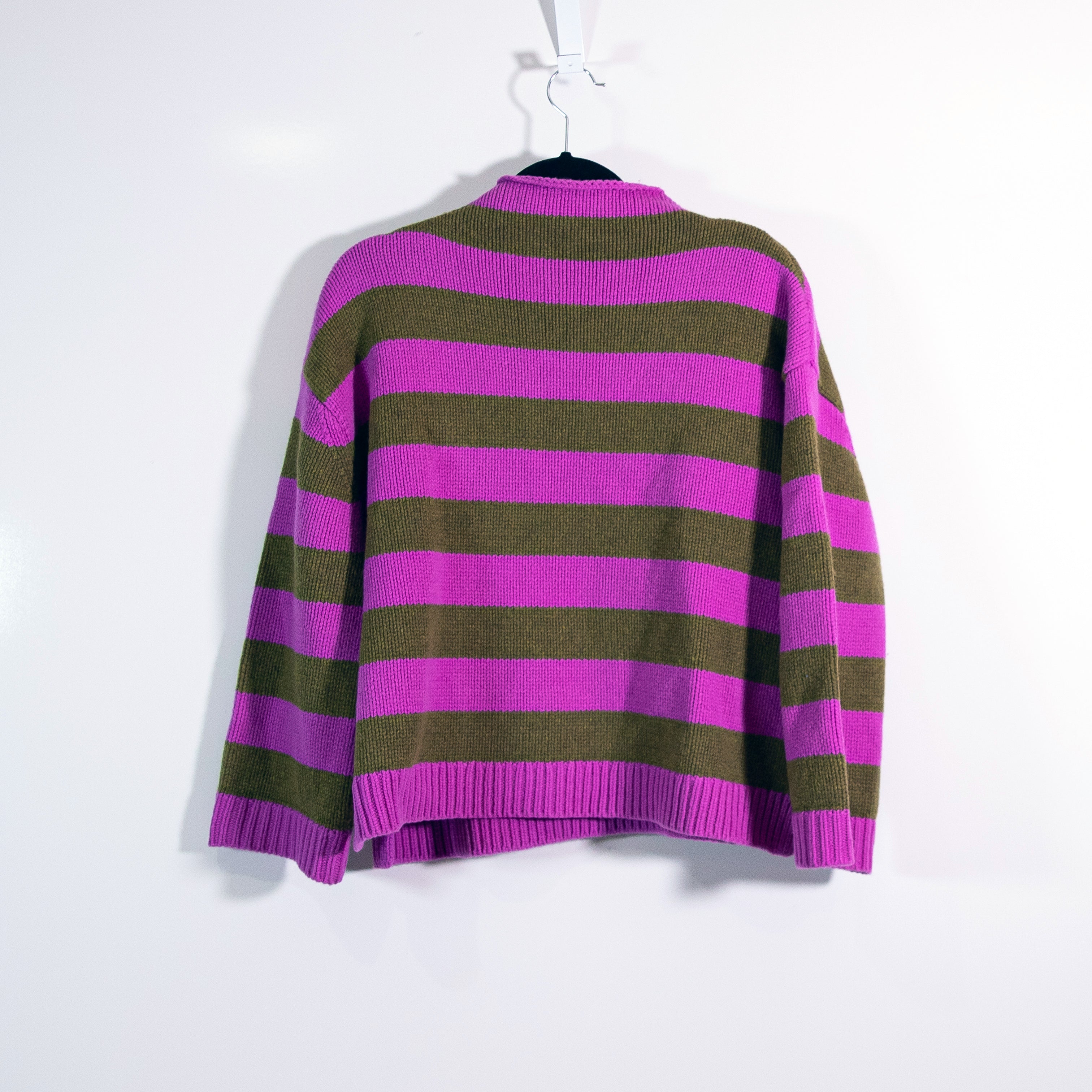 Demylee Wool Knit Stretch Mock Neck Pullover Purple Green Stripe Sweater XS