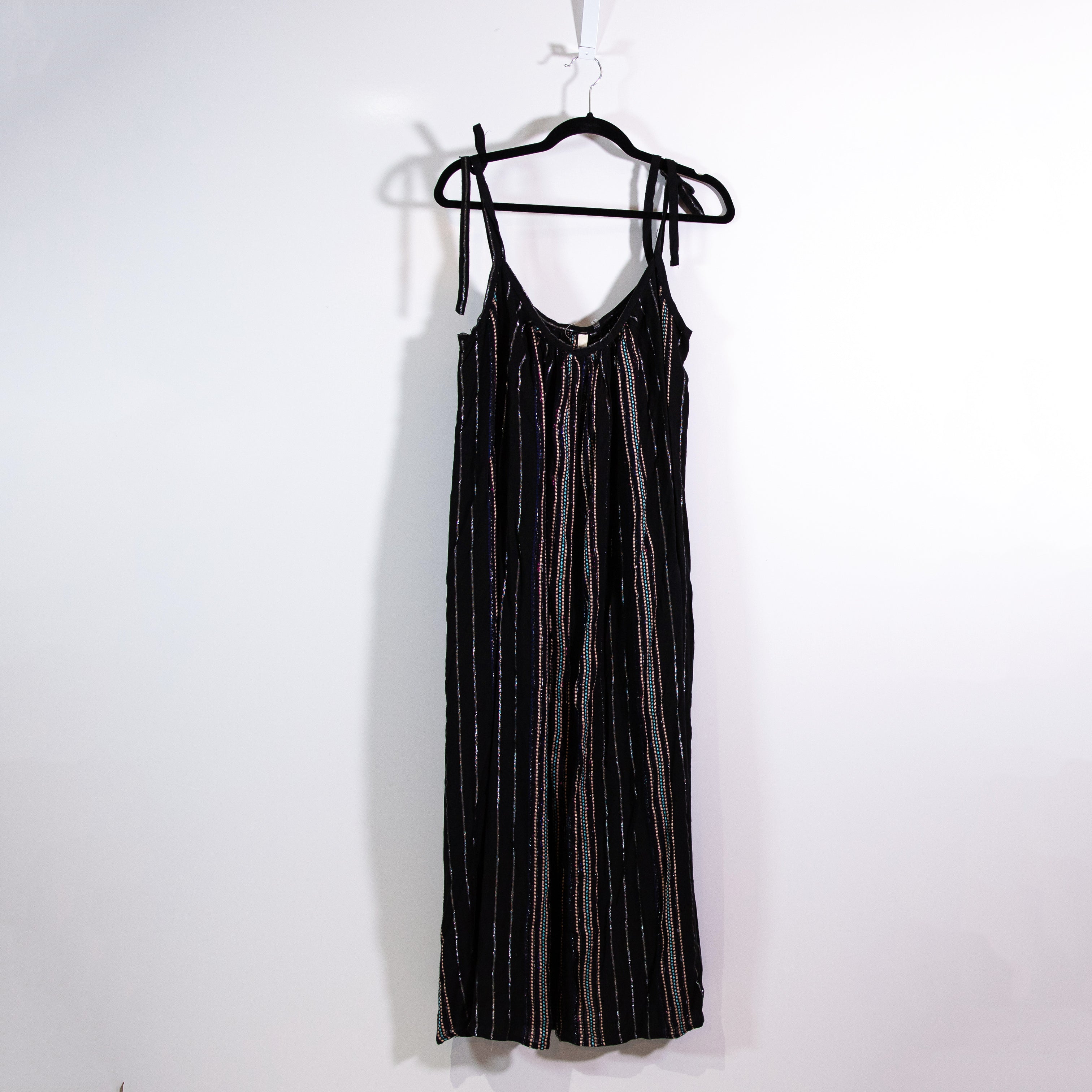 NEW Elan Tie Shoulder Metallic Stripe Print Woven Maxi Dress Swim Coverup Black