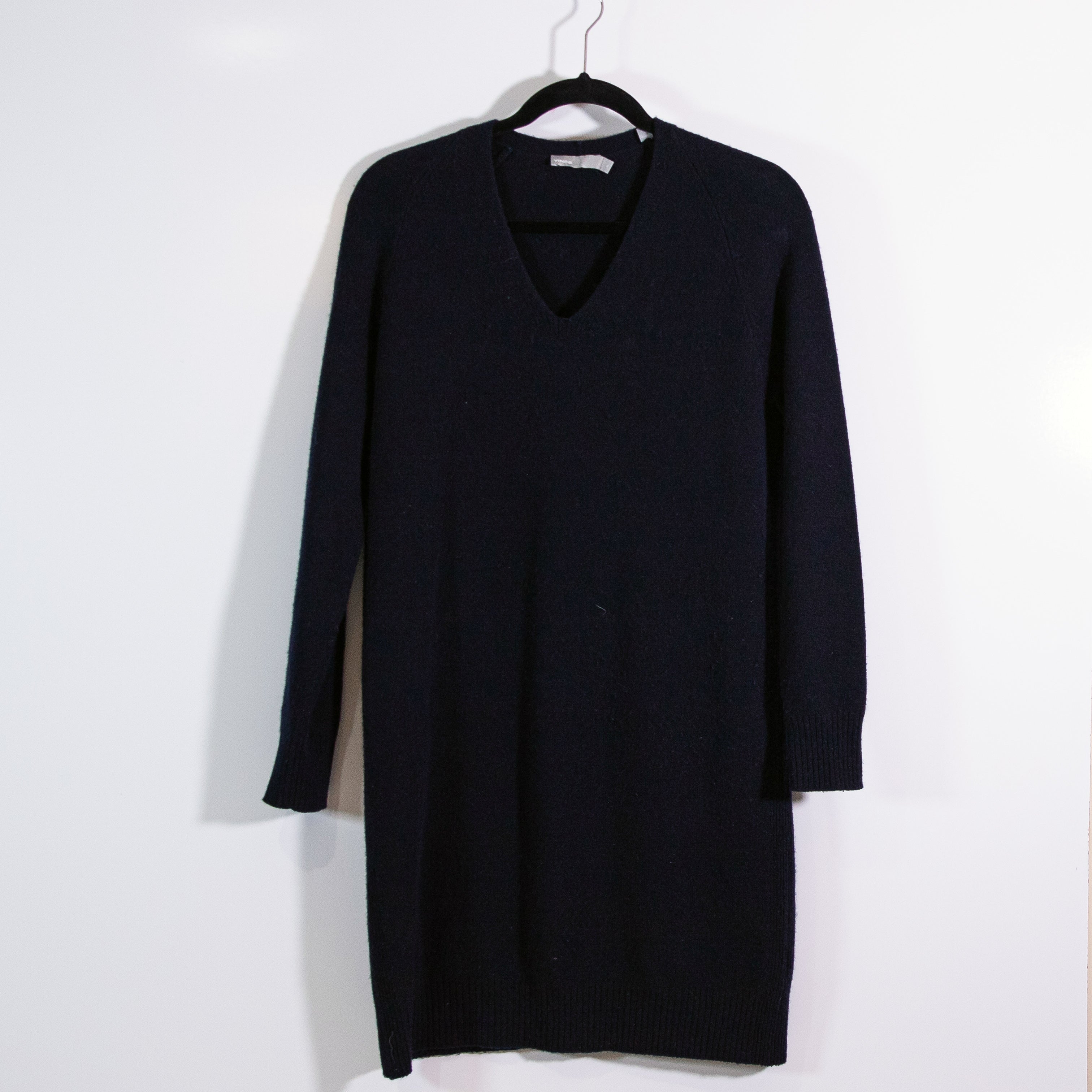 Vince Women's Wool Cashmere Stretch Knit V Neck Pullover Sweater Dress Black XS