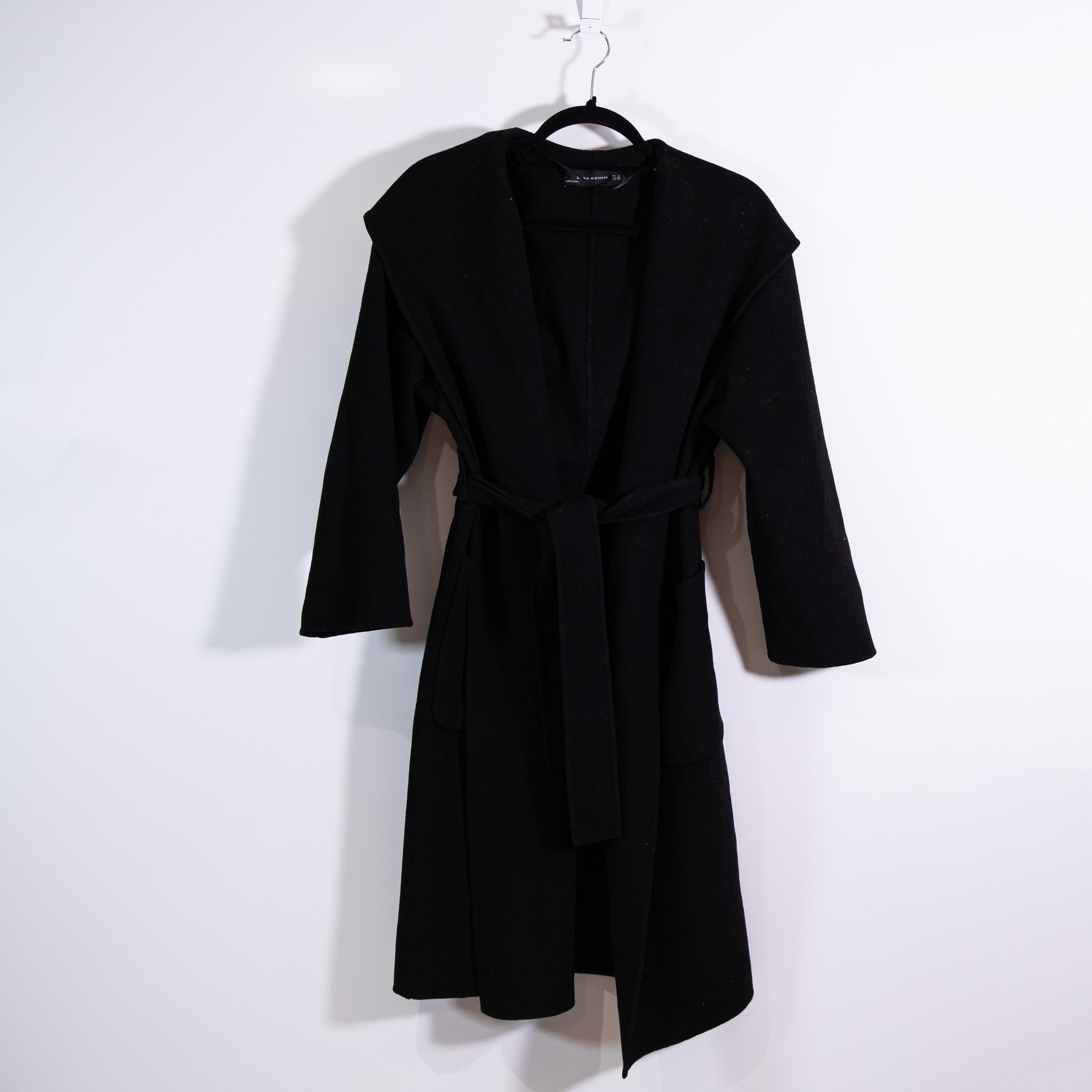 Zara Wool Blend Felt Open Front Hooded Belted Coat Jacket Solid Black XS