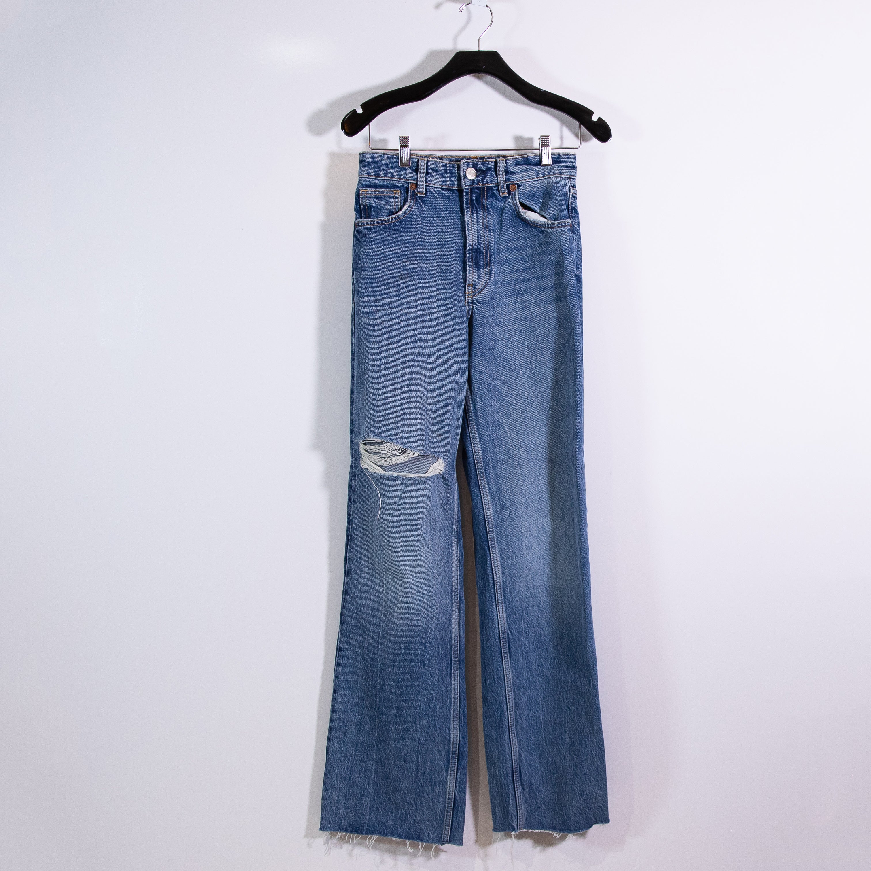 Zara Women's Cotton Flared Leg Distressed Denim Jeans Blue 2