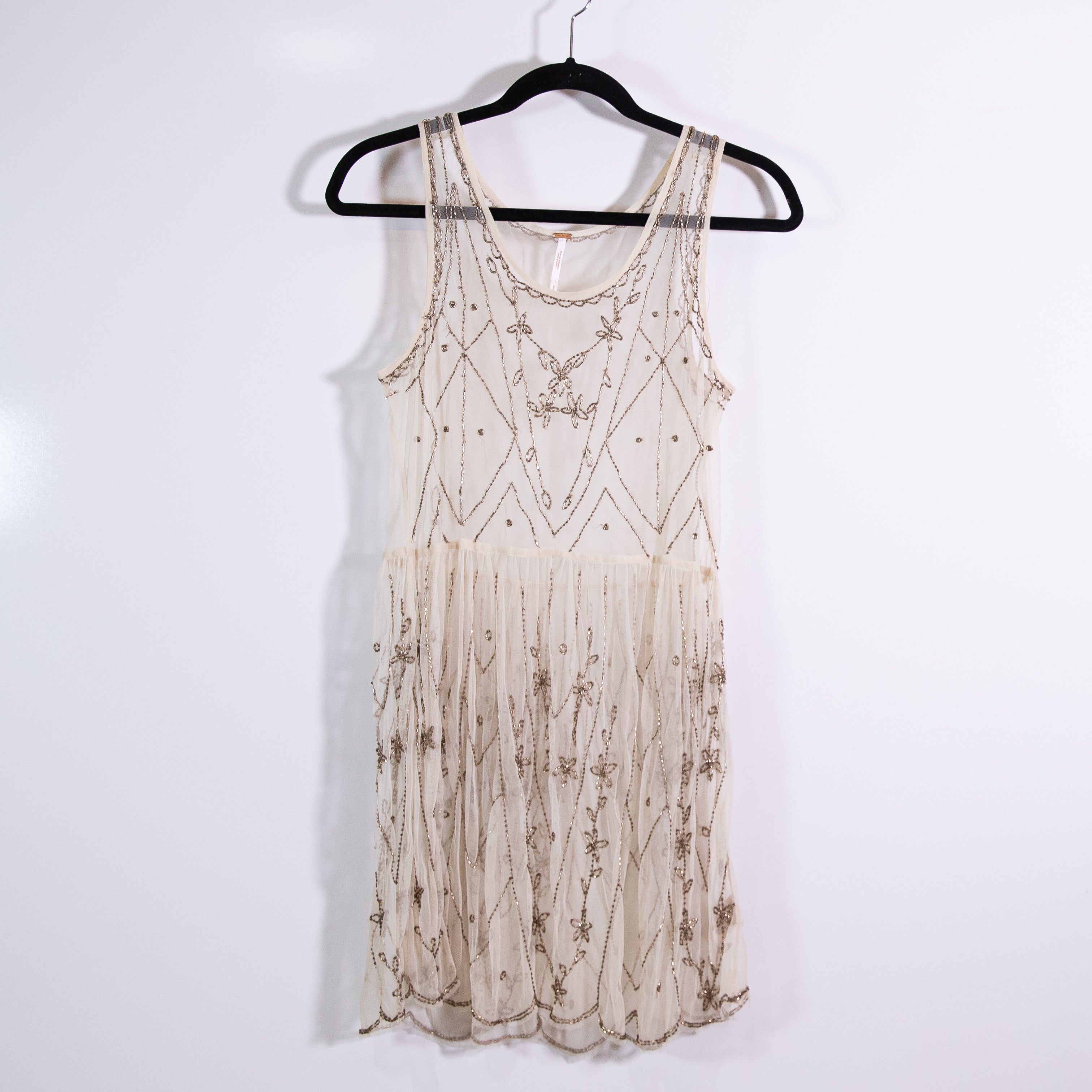 Free People Starry Night Tulle Mesh Beaded Embellished Mini Dress Ivory Gold S