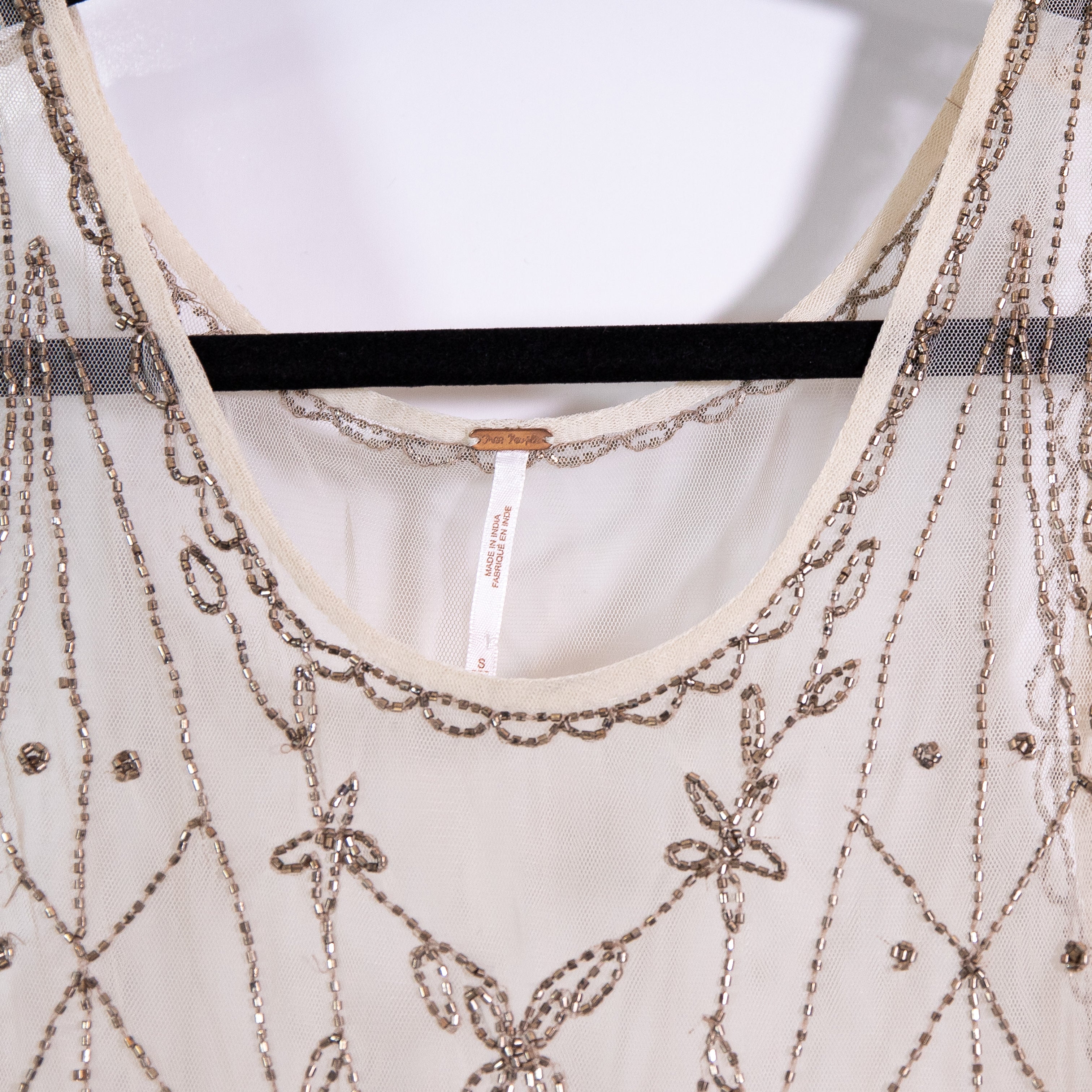 Free People Starry Night Tulle Mesh Beaded Embellished Mini Dress Ivory Gold S