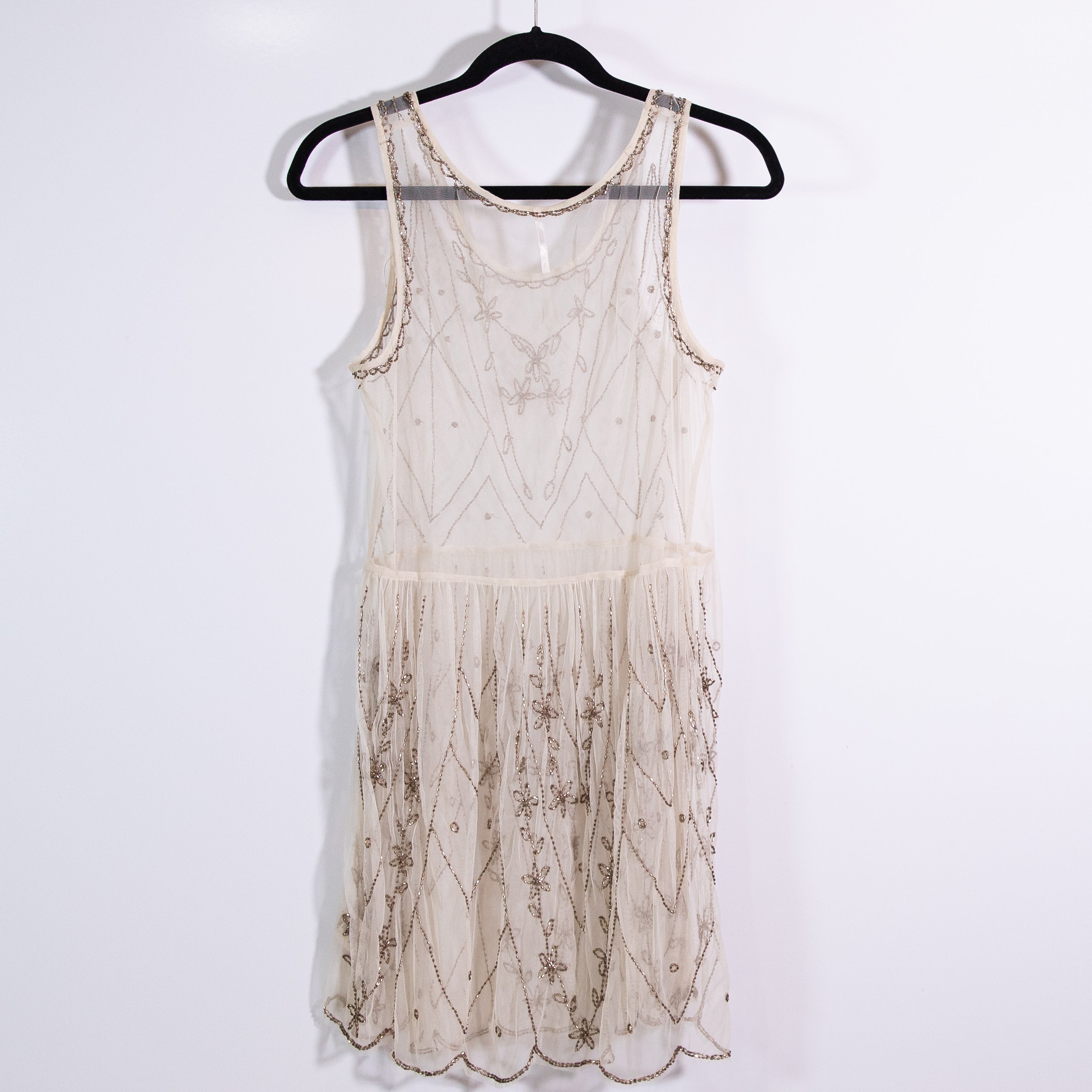 Free People Starry Night Tulle Mesh Beaded Embellished Mini Dress Ivory Gold S