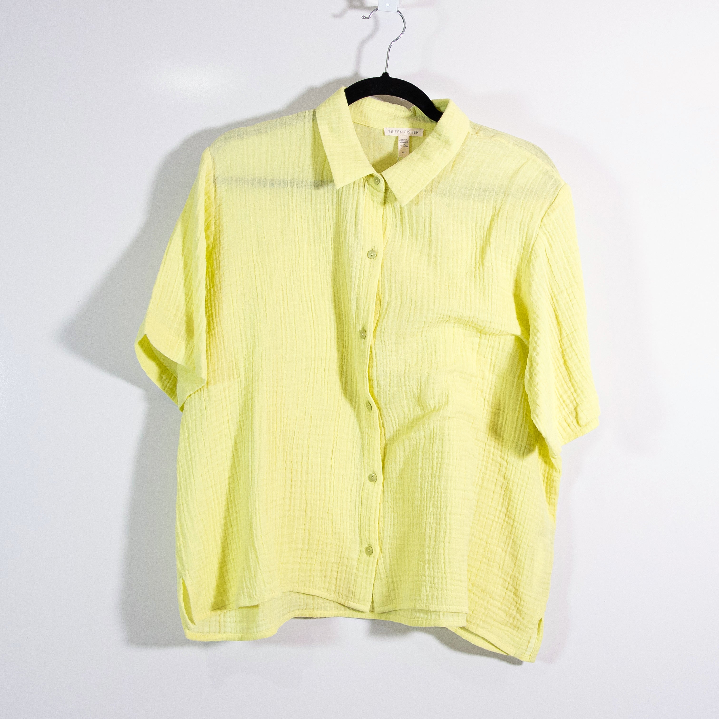 NEW Eileen Fisher Organic Cotton Gauze Classic Collar Shirt Citrus Yellow Large