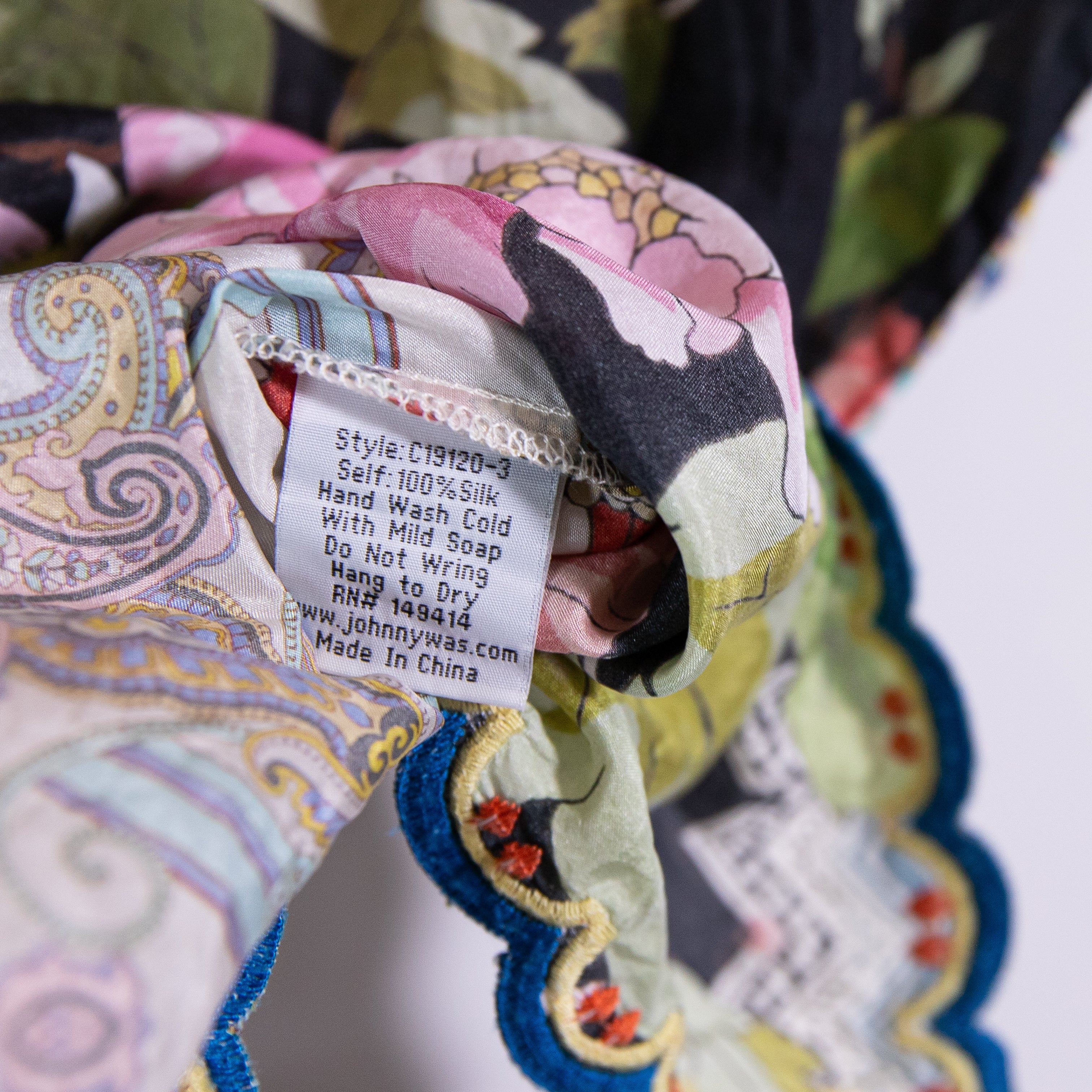 Johnny Was Loden Floral Flower Print Pattern Silk Chiffon Scallop Hem Blouse L