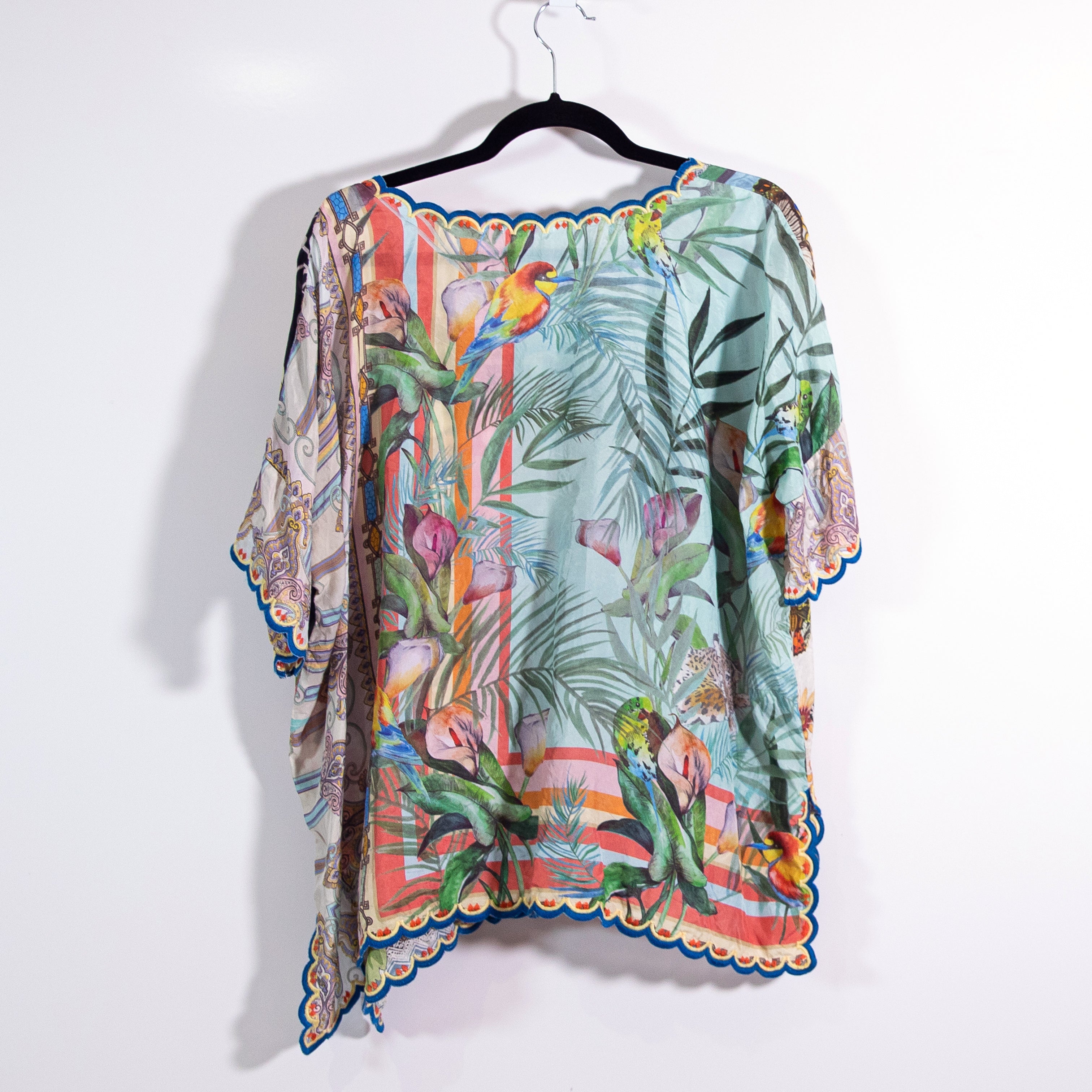 Johnny Was Loden Floral Flower Print Pattern Silk Chiffon Scallop Hem Blouse L