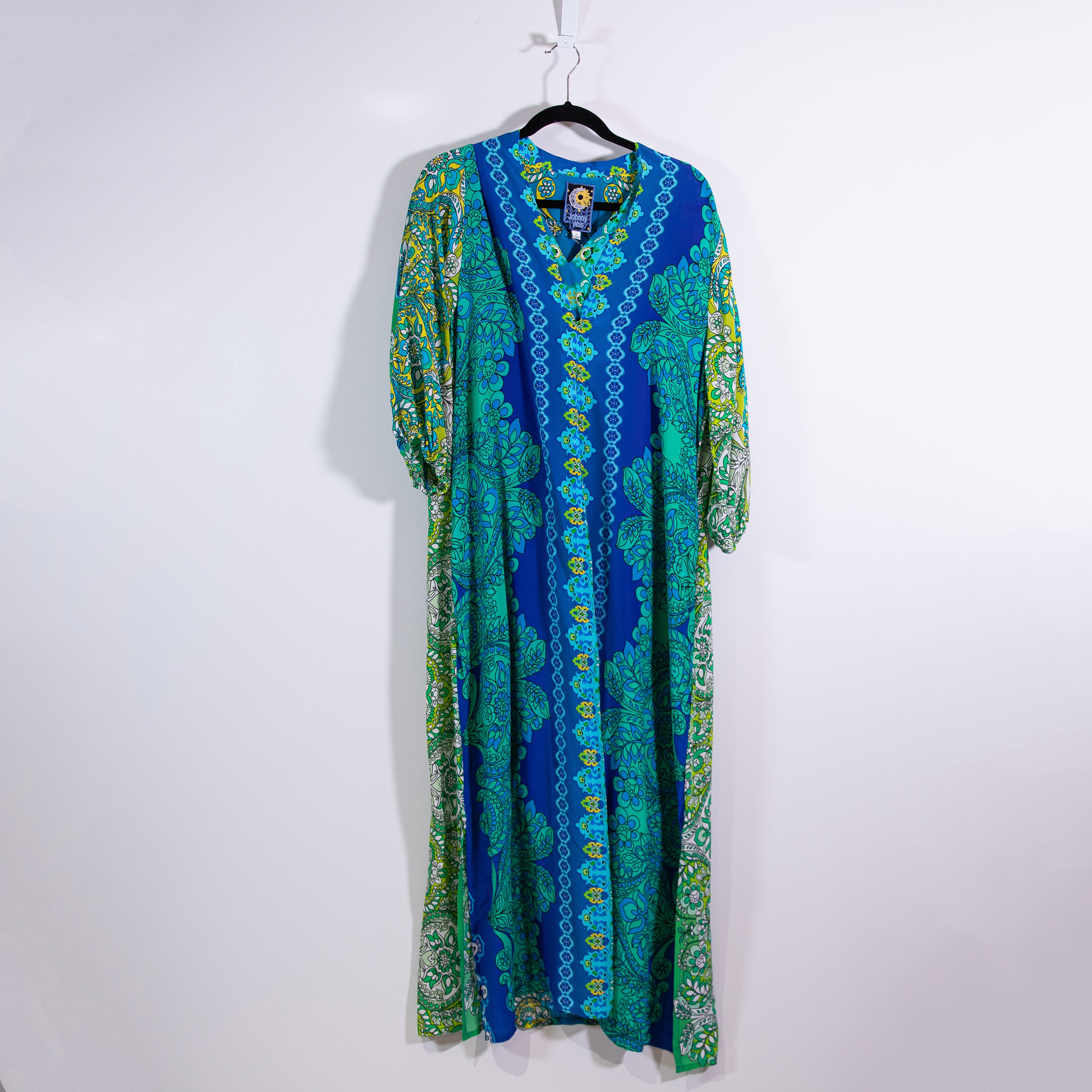 NEW Johnny Was Kahinu Silk Chiffon Diomedes Print Maxi Pullover Kaftan Dress XL