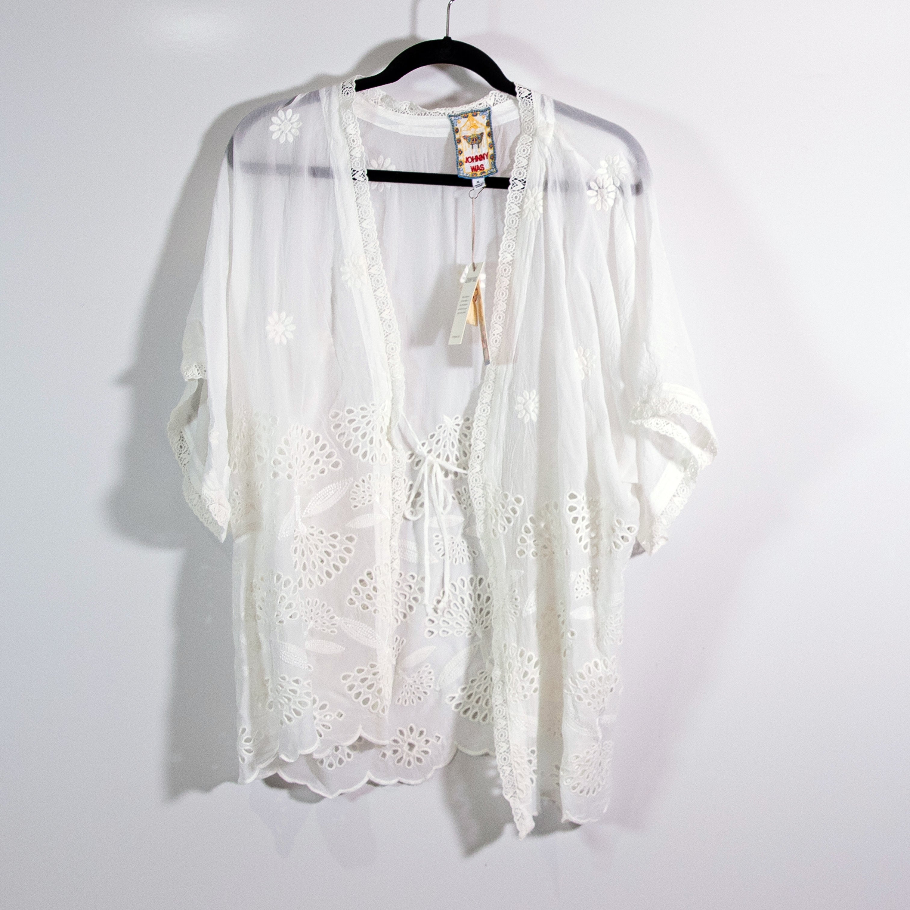 NEW Johnny Was Elijah Kimono Eyelet Lace Open Front Cardigan Top Wallflower XL