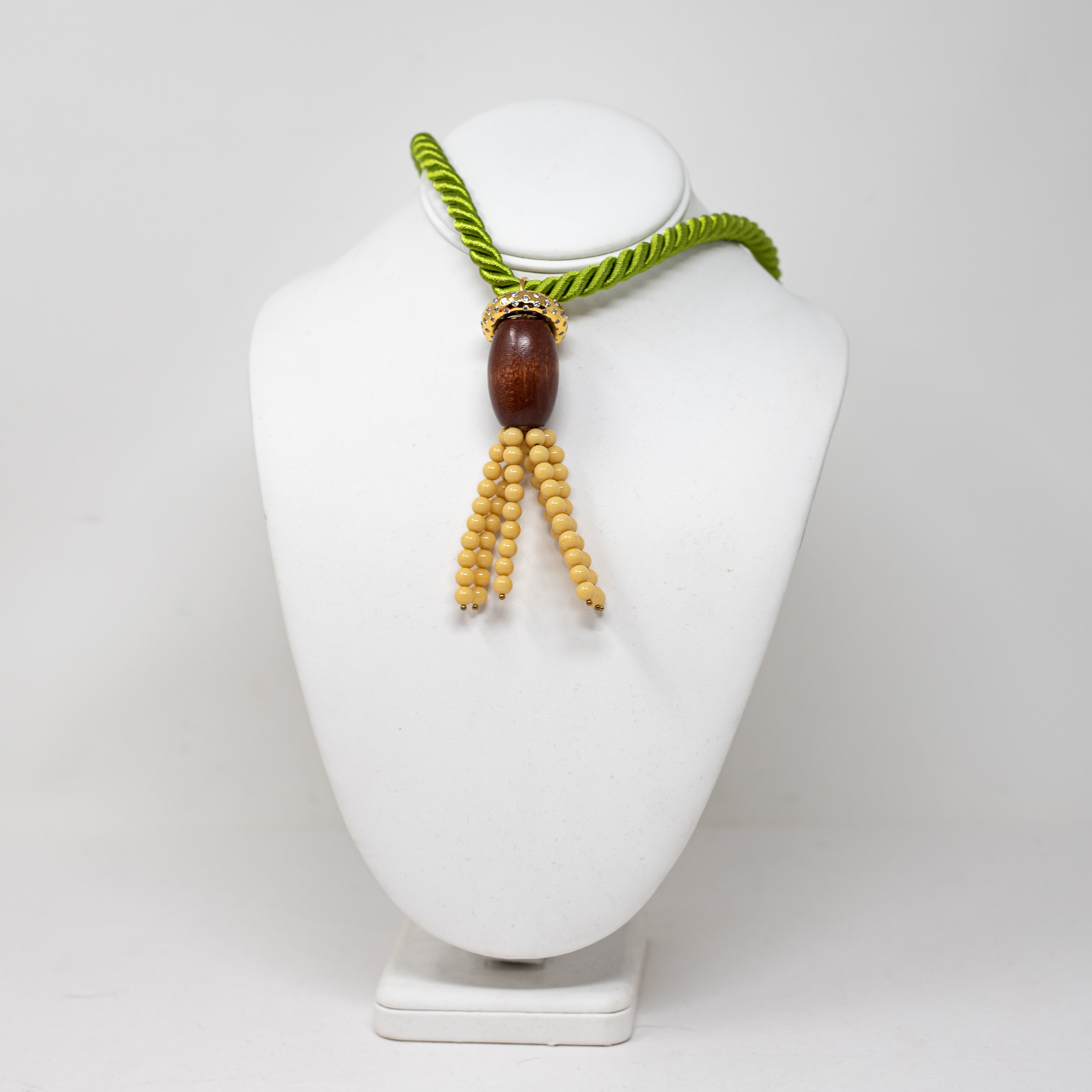 Timeless Pearly Wood Stone Crystal Jewel Rhinestone Braided Rope Necklace
