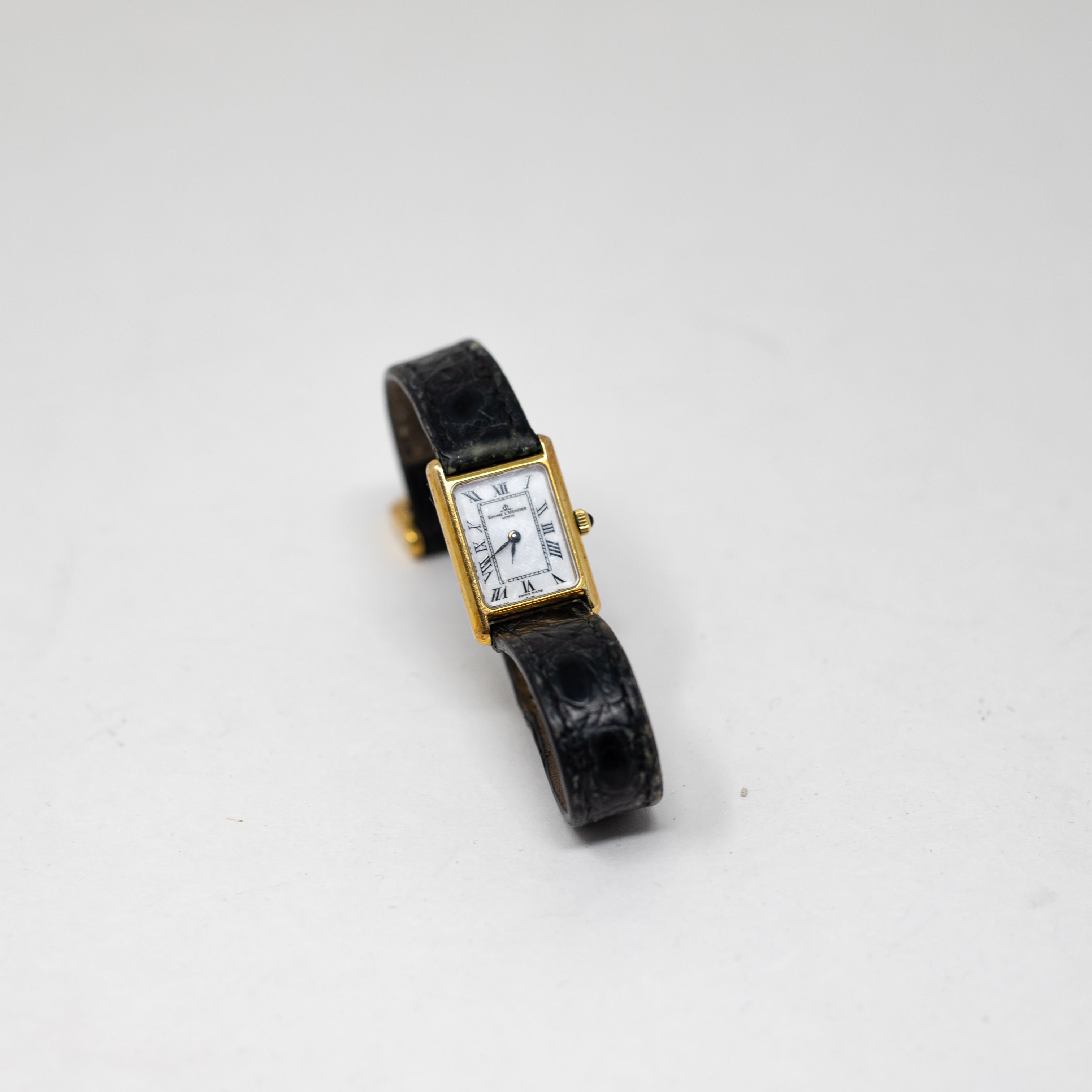 Baume & Mercier Vintage Croc Genuine Leather 14k Yellow Gold Plated Tank Watch
