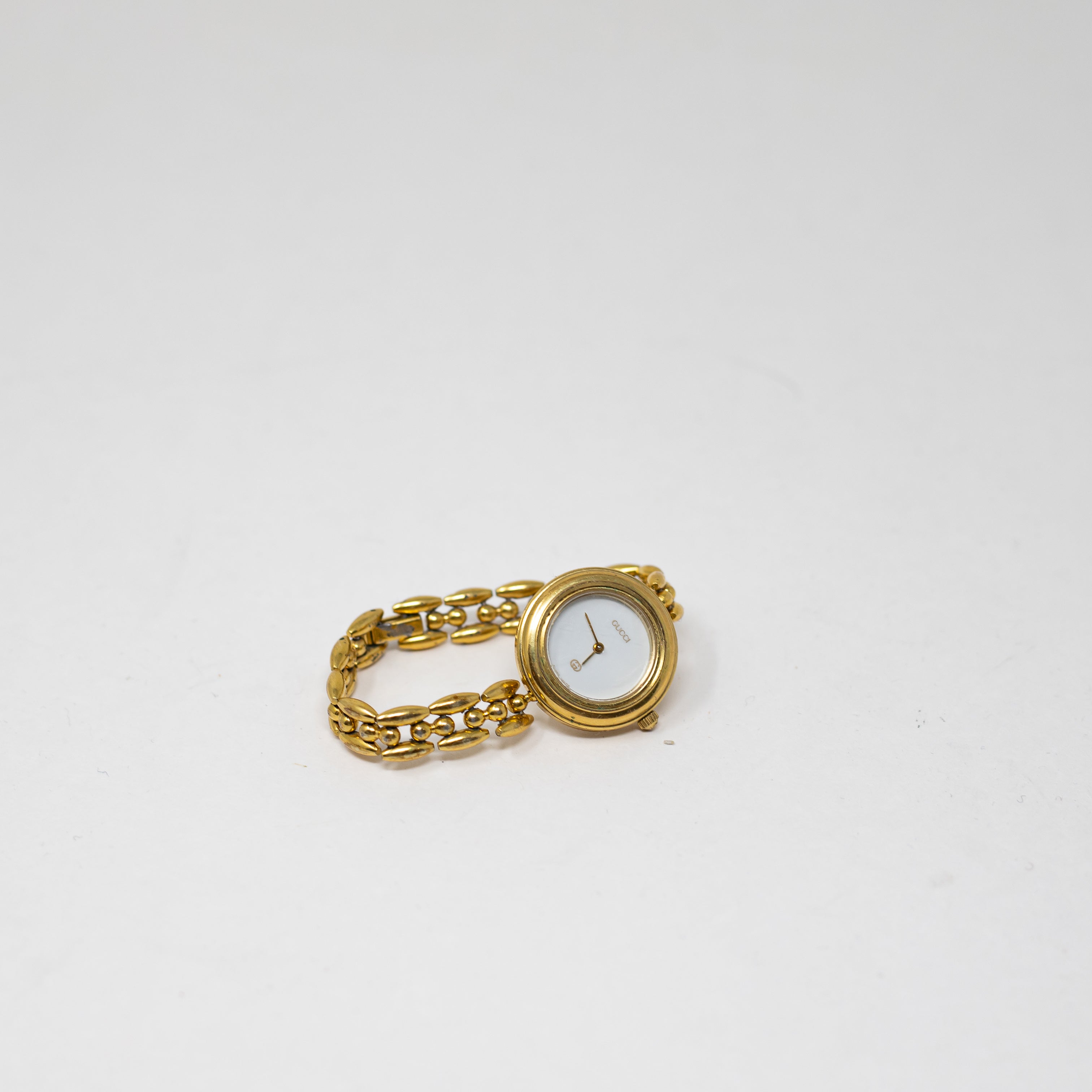 Gucci Vintage Change Bezel 5 Quartz White Dial 11 12 14k Yellow Gold Wrist Watch