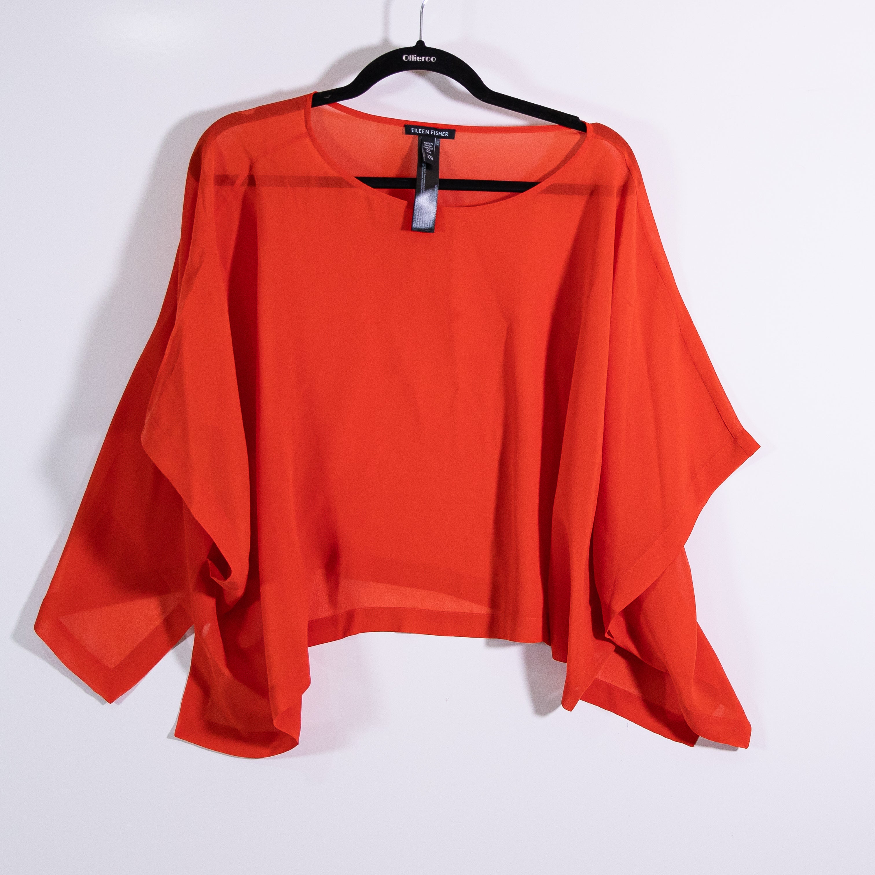 Eileen Fisher Silk Chiffon Scoop Neck Oversized Poncho Box Fit Orange Red Blouse