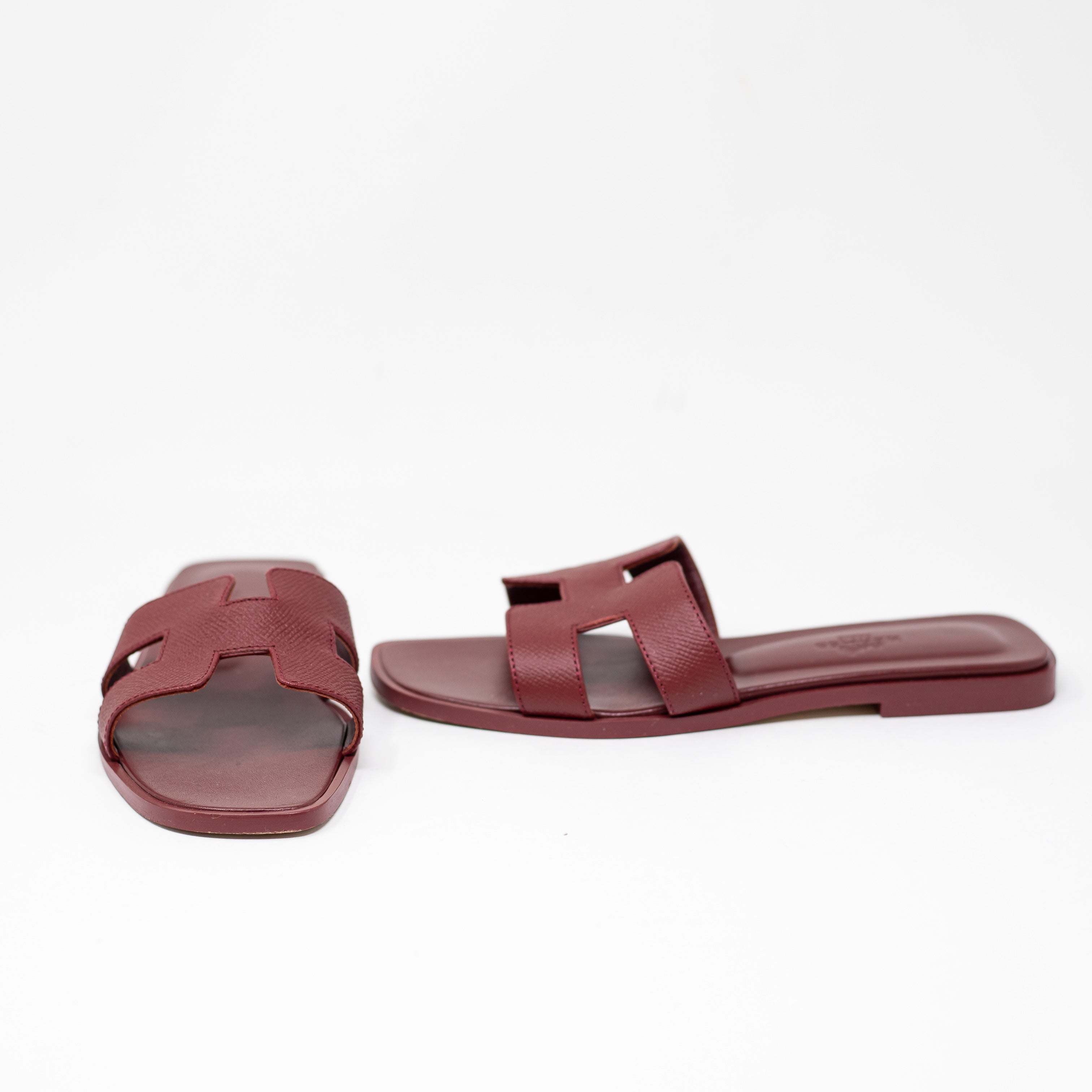Hermes Women's Oran Genuine Leather H Logo Open Toe Flat Sandals Shoes Rouge Red