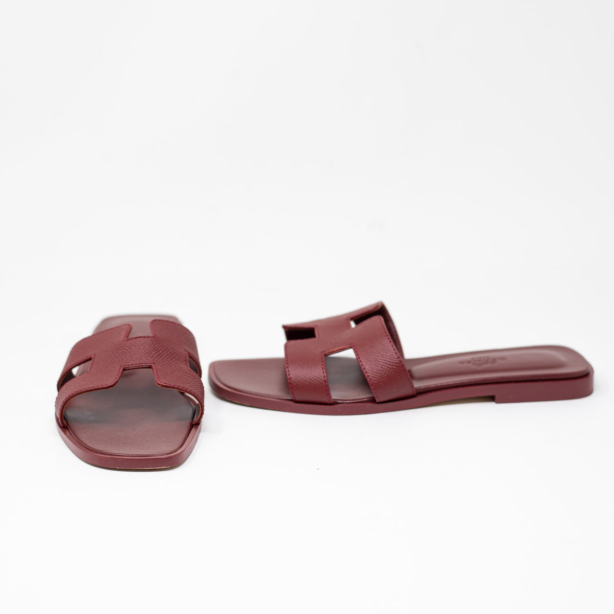 Hermes Women's Oran Genuine Leather H Logo Open Toe Flat Sandals Shoes Rouge Red